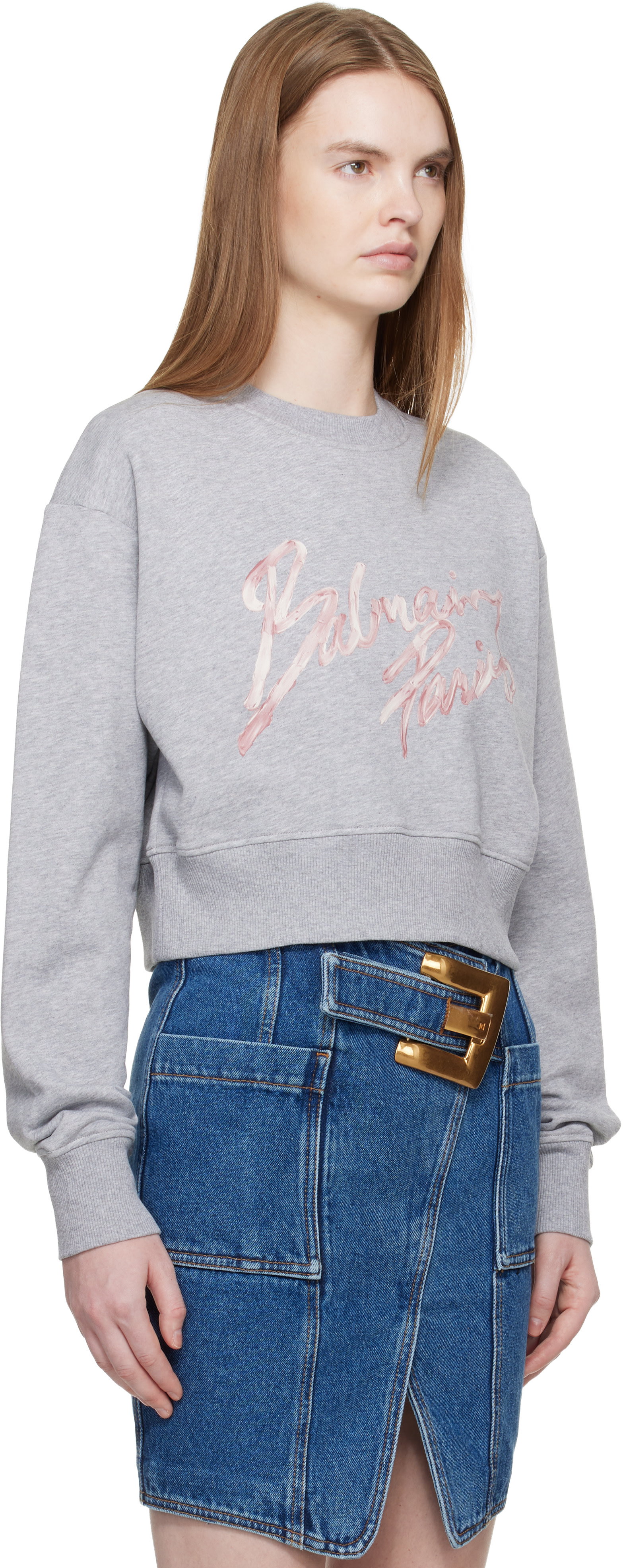 Balmain - Pull molletonné écourté gris en coton à logo imprimé