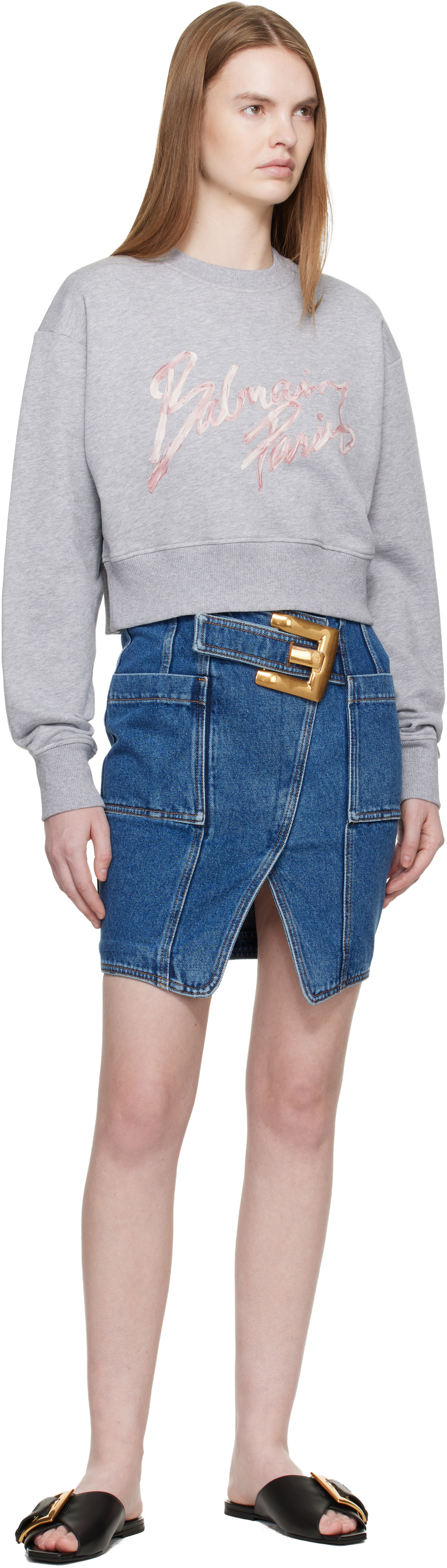 Balmain - Pull molletonné écourté gris en coton à logo imprimé