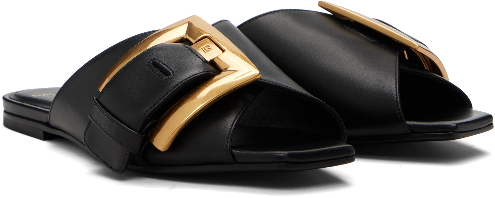 BALMAIN: Black Anthem Flat Calfskin Leather Sandals | SSENSE