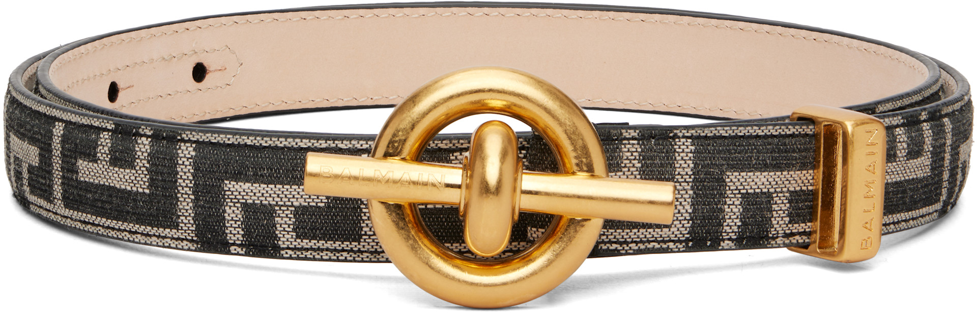 BALMAIN: Black & Off White Monogram Jacquard T-Bar Belt | SSENSE
