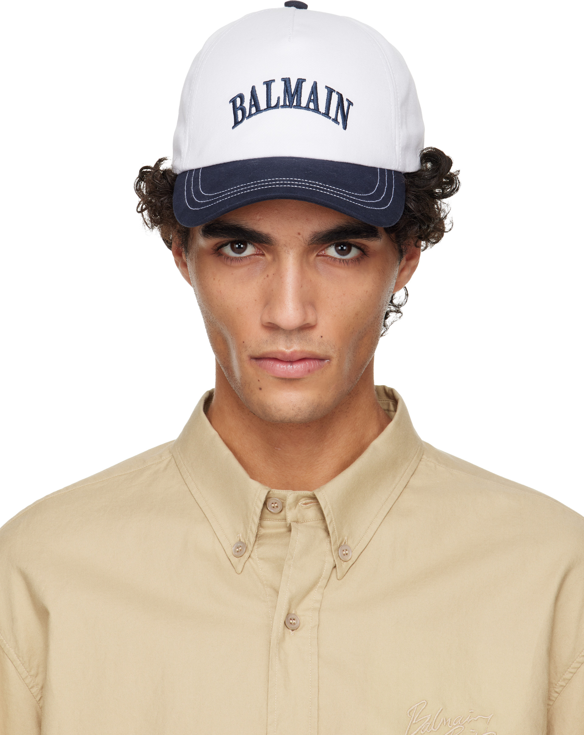 BALMAIN - White & Navy Two-Tone Cotton Cap