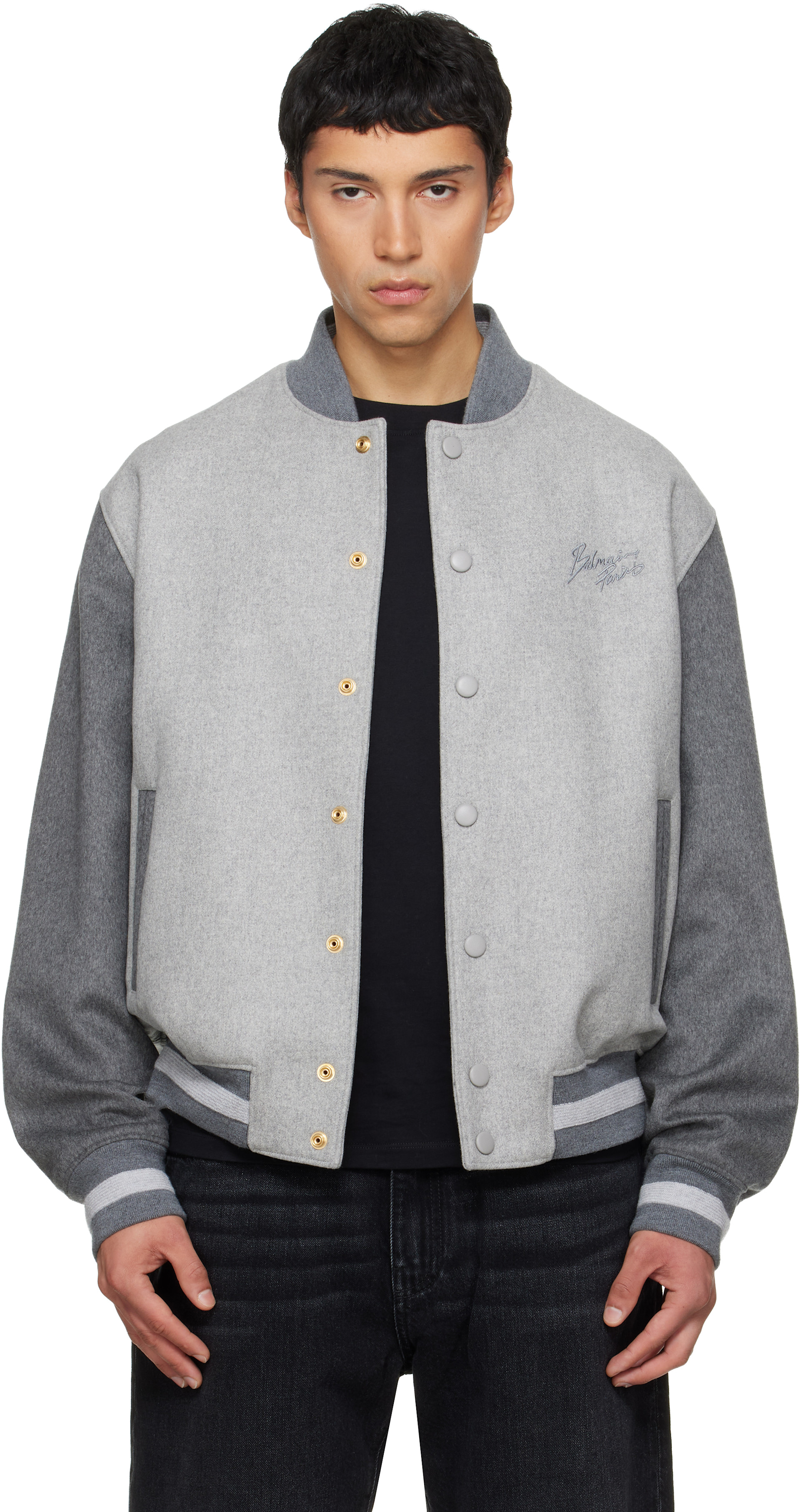 BALMAIN - Gray Wool & Cashmere Varsity Bomber Jacket