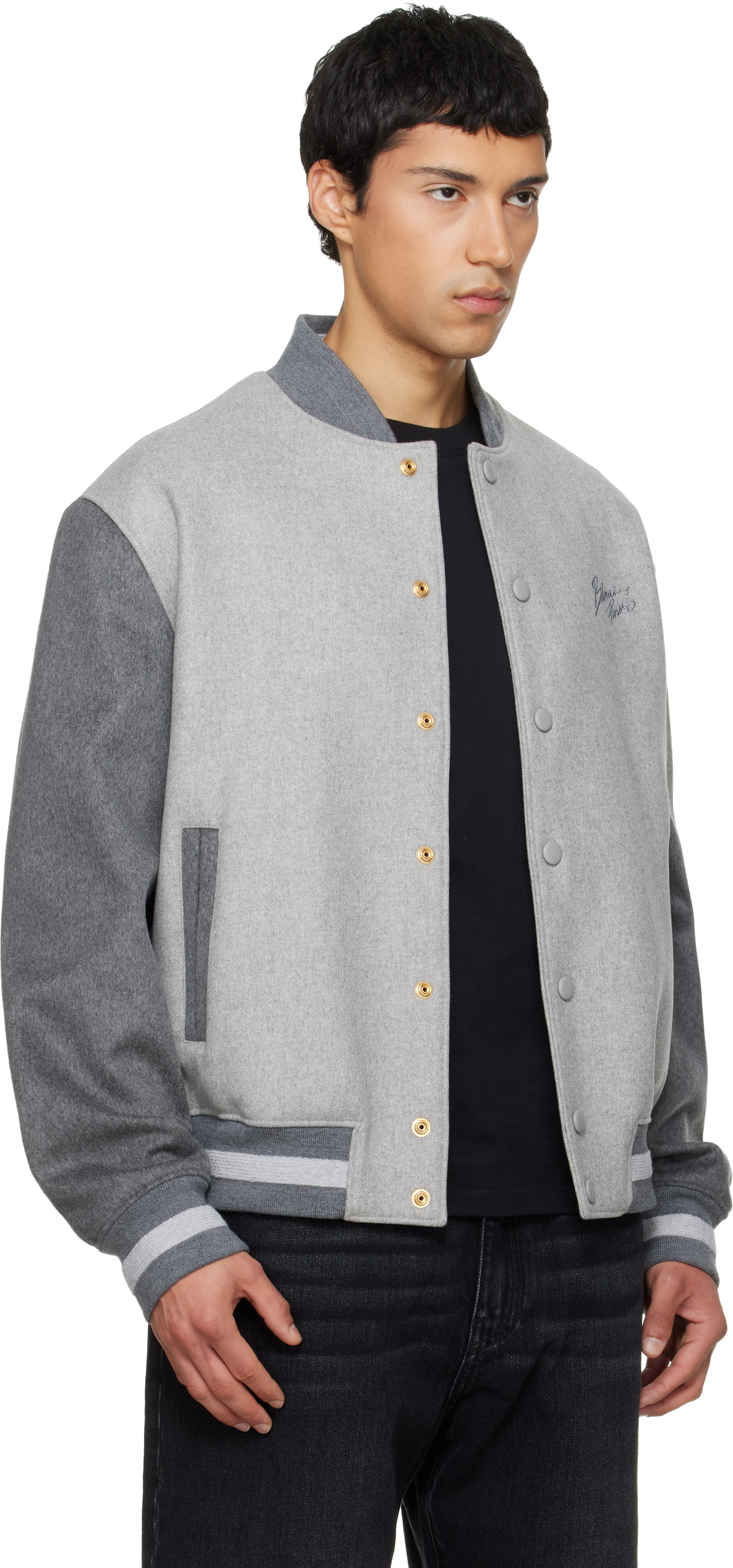 BALMAIN - Gray Wool & Cashmere Varsity Bomber Jacket