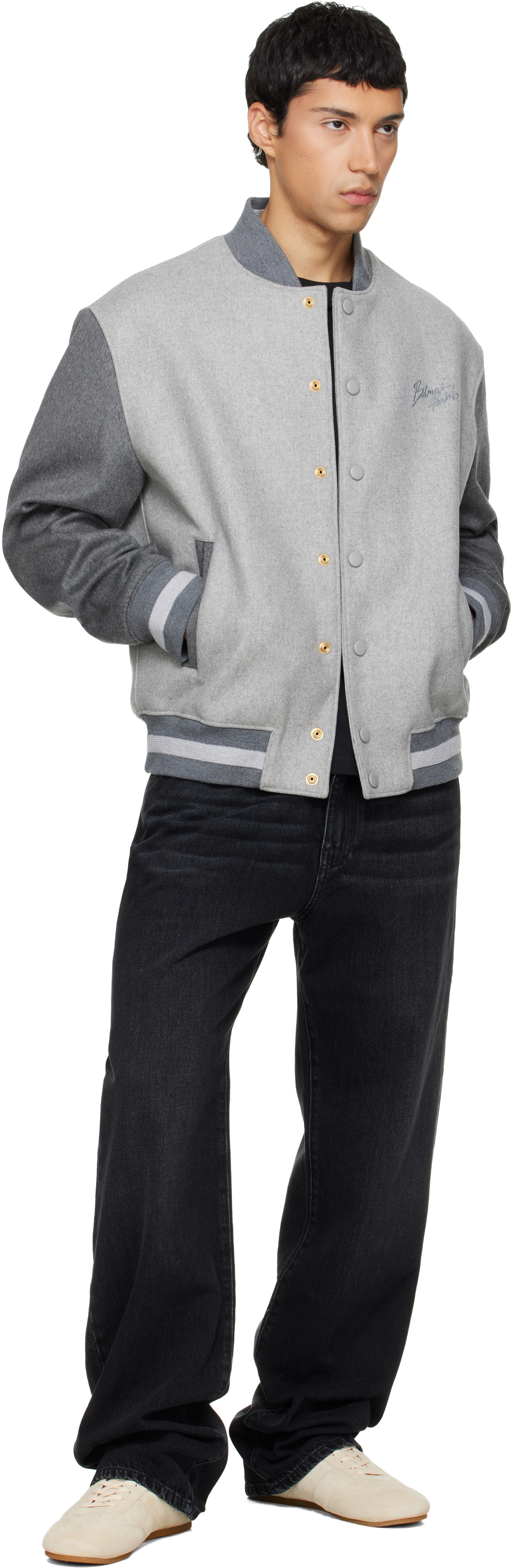 BALMAIN - Gray Wool & Cashmere Varsity Bomber Jacket
