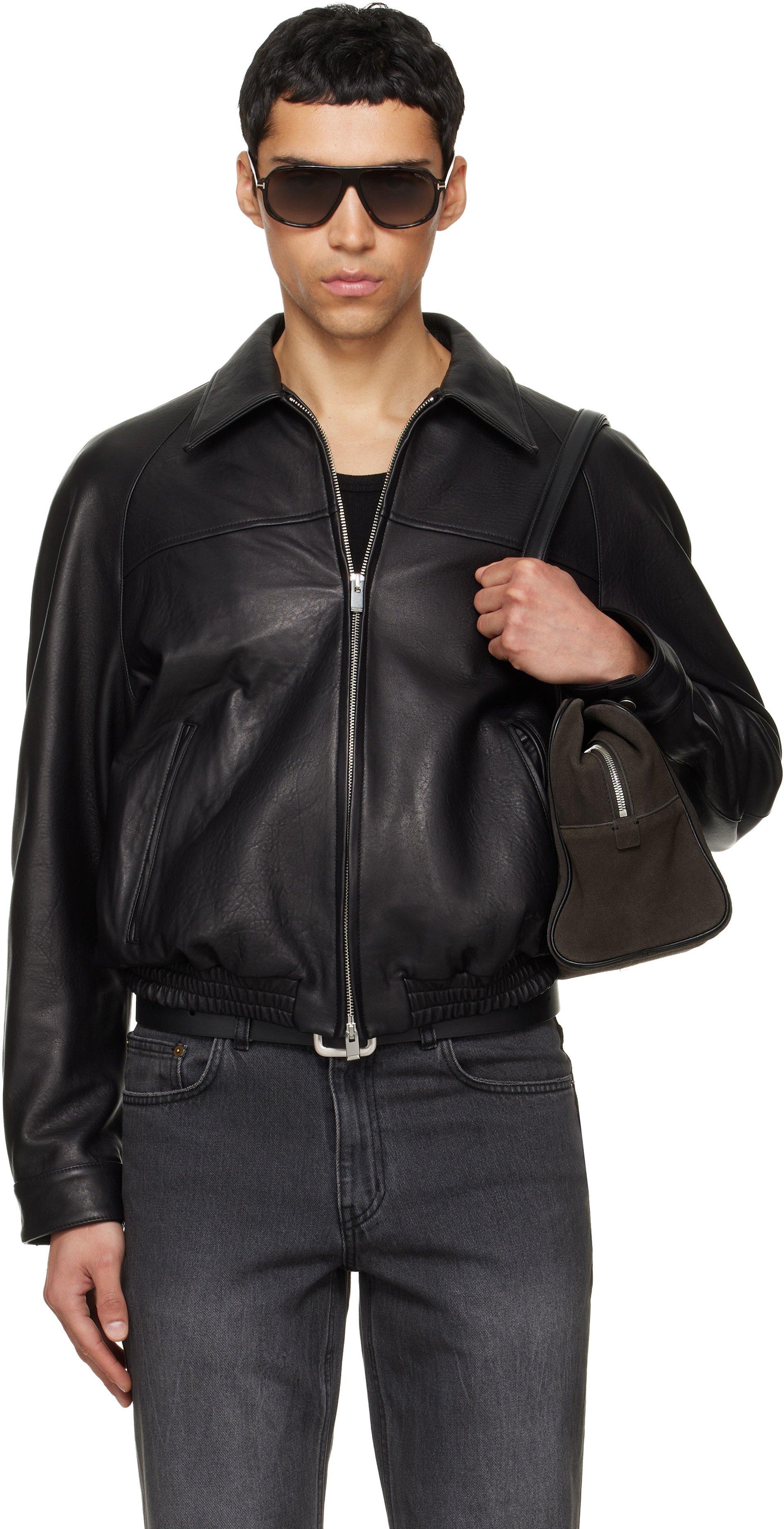 TONYWACK: Black Vintage Lamb Leather Bomber Jacket | SSENSE