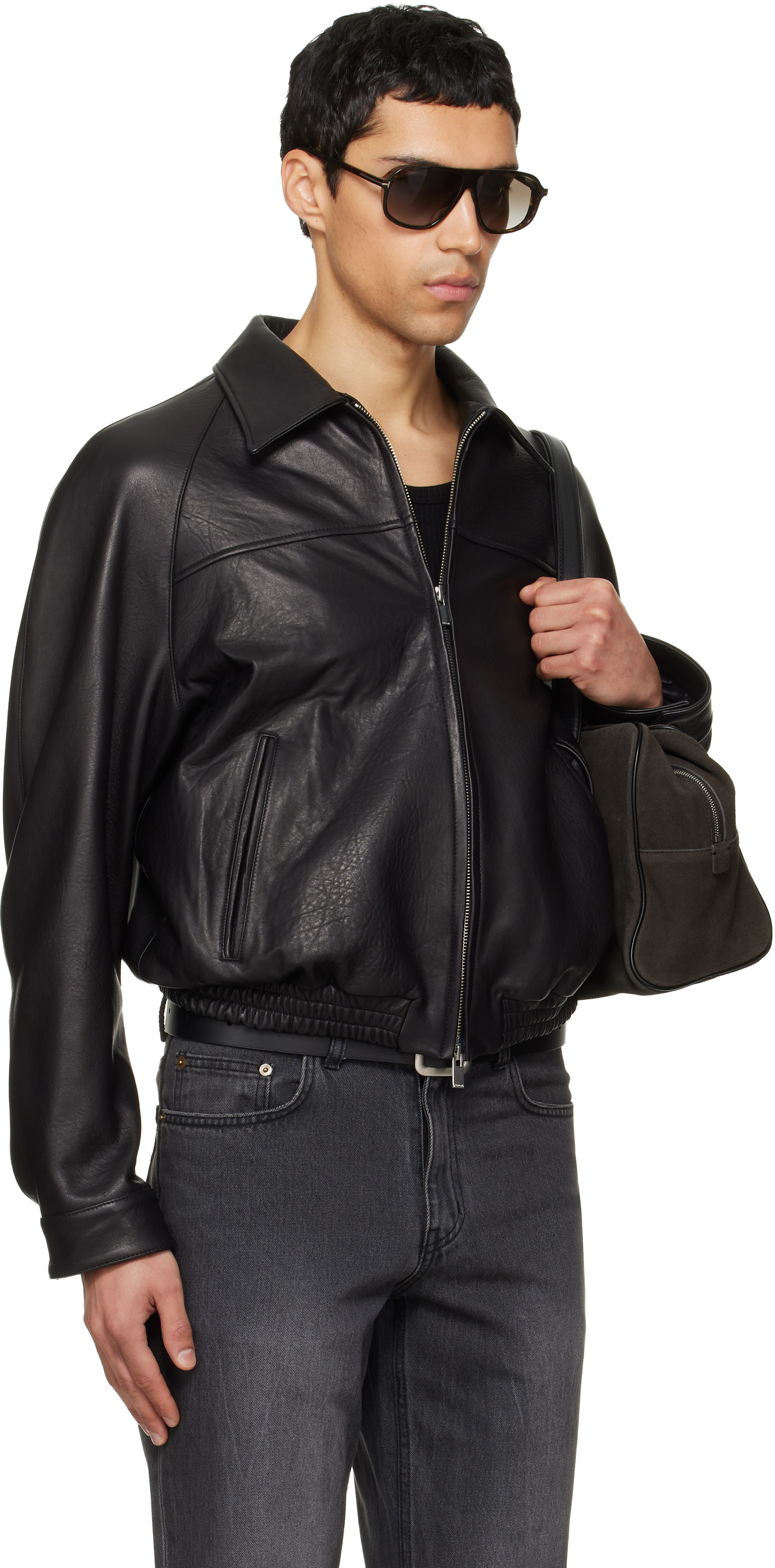 TONYWACK: Black Vintage Lamb Leather Bomber Jacket | SSENSE