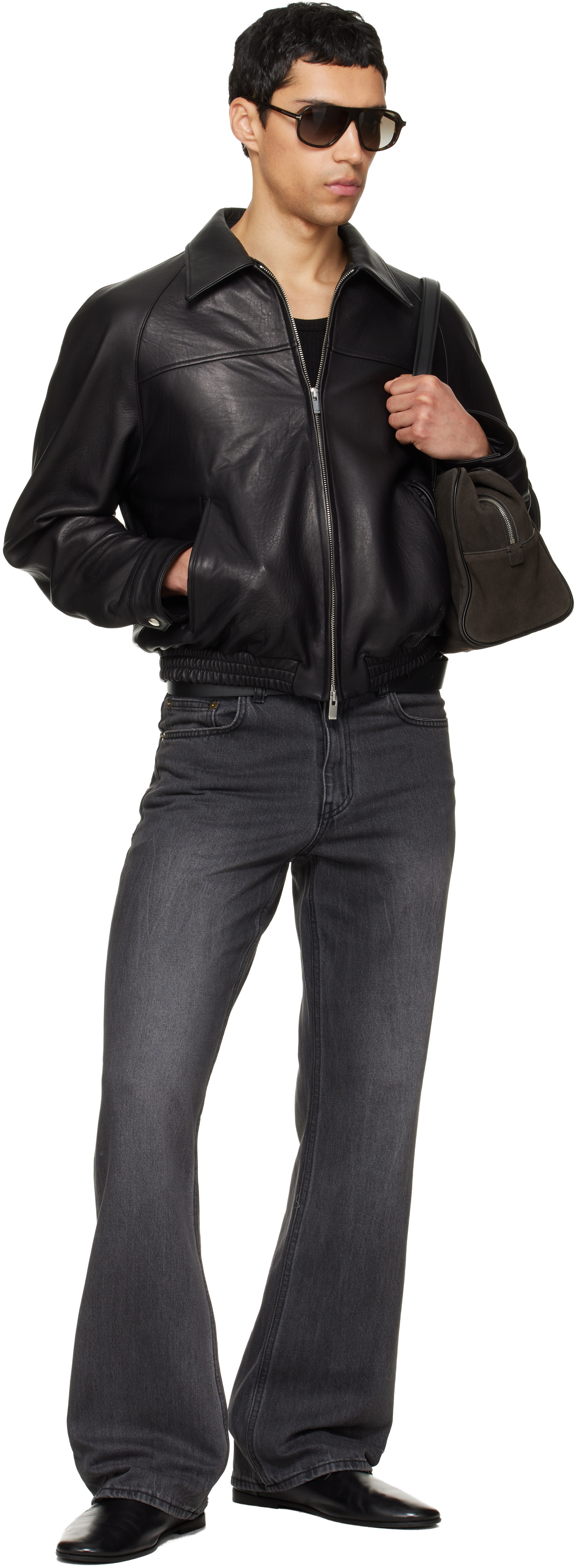 TONYWACK: Black Vintage Lamb Leather Bomber Jacket | SSENSE