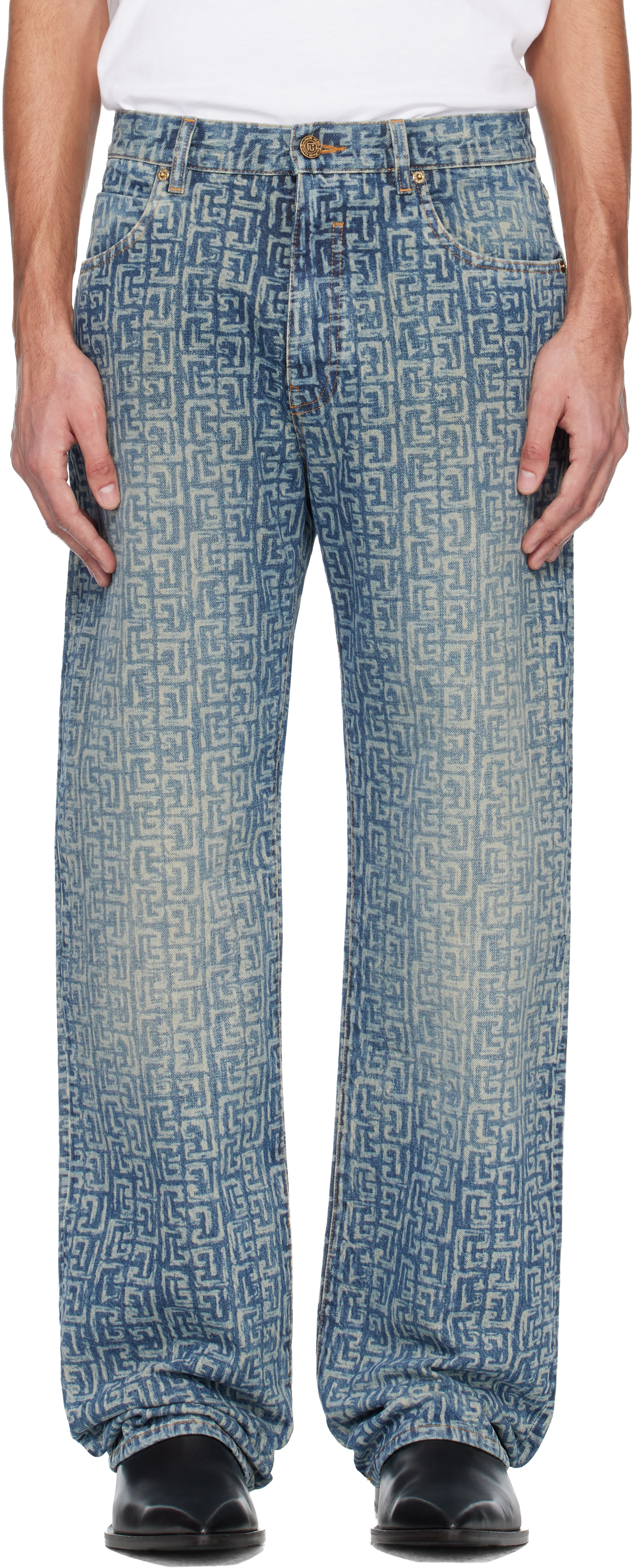 BALMAIN - Blue Monogram Laser Loose-Fit Jeans