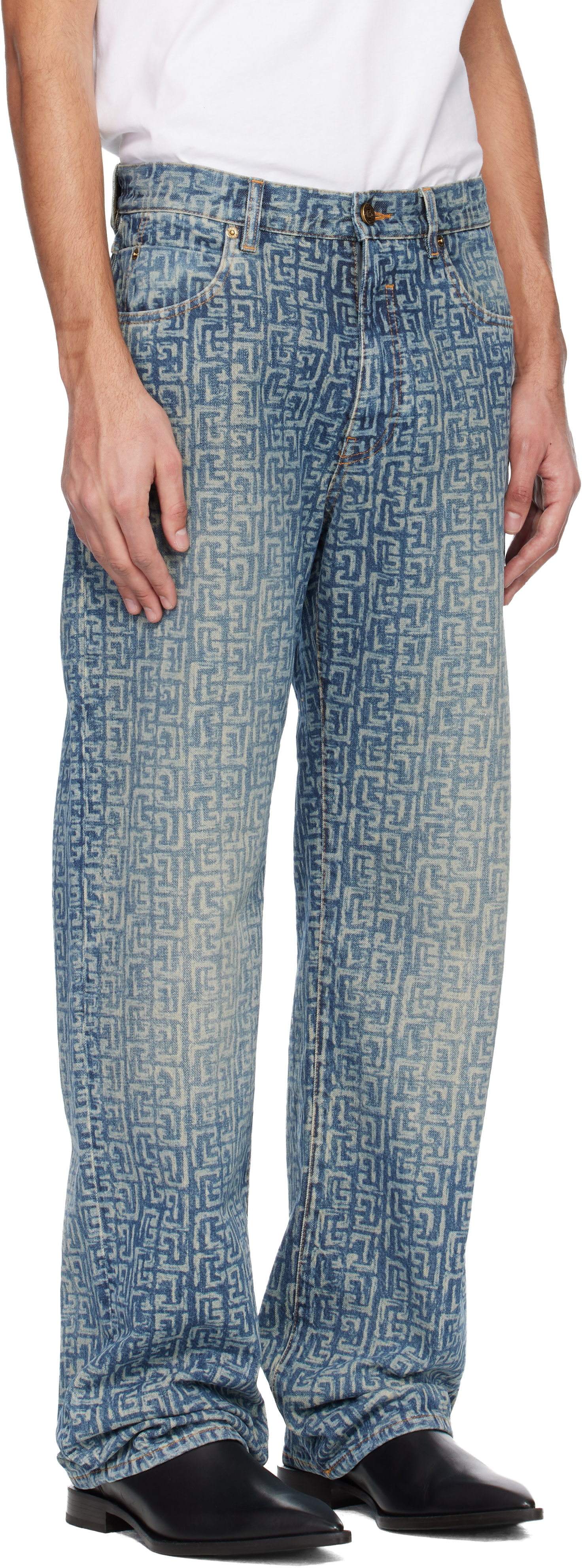 BALMAIN - Blue Monogram Laser Loose-Fit Jeans
