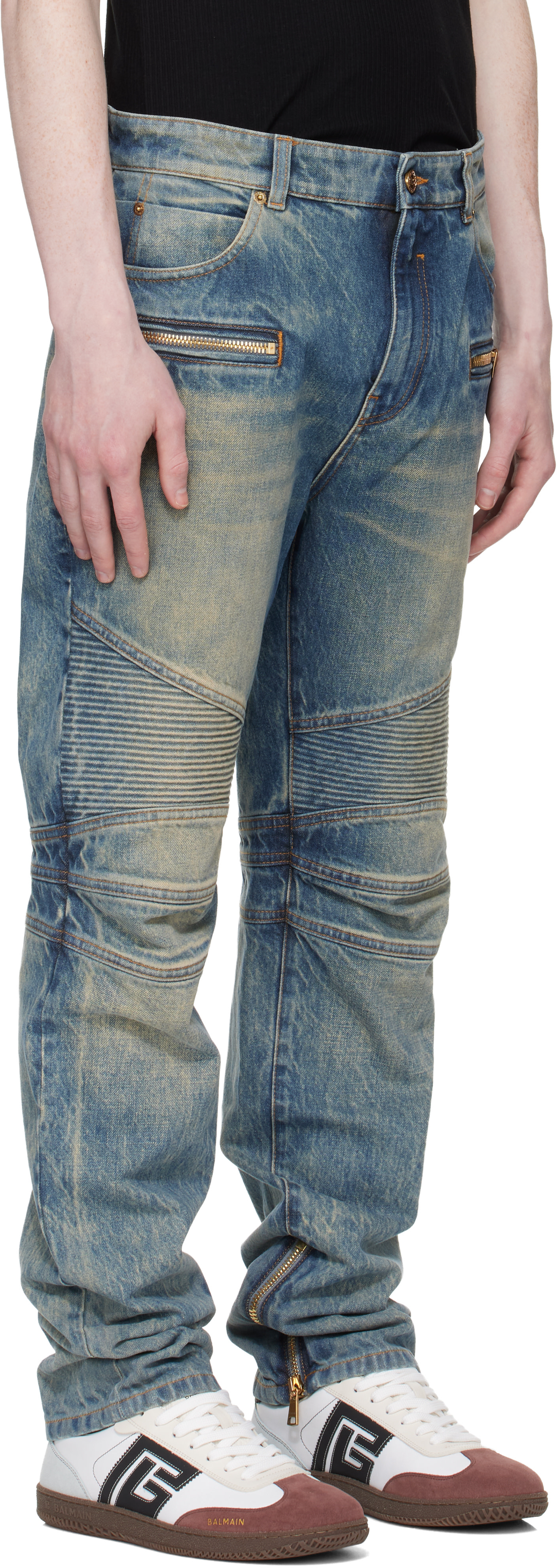 BALMAIN: Blue Vintage Denim Biker Jeans | SSENSE