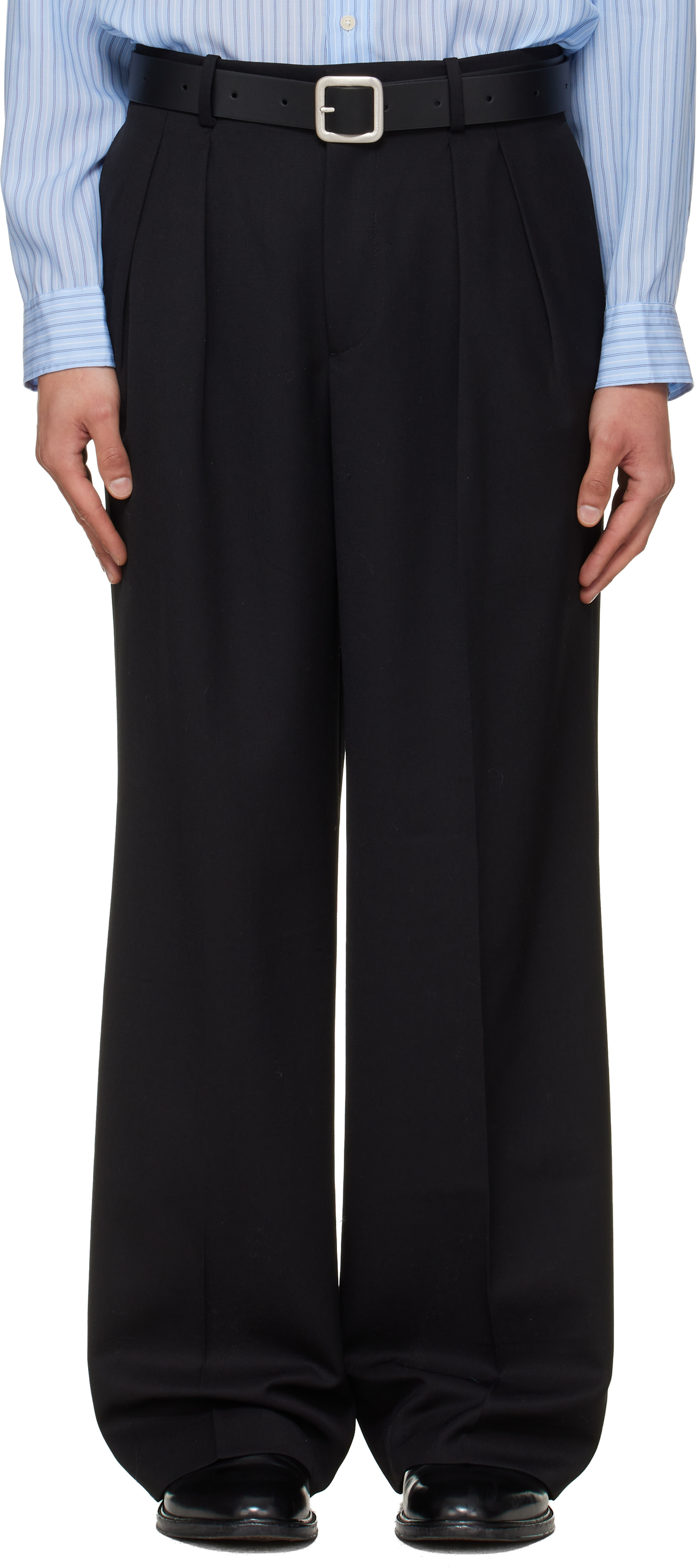 +(Plūs) Wide two-pleat trousers black TONYWACK: Black Wool Double-Pleated Wide Trousers | SSENSE