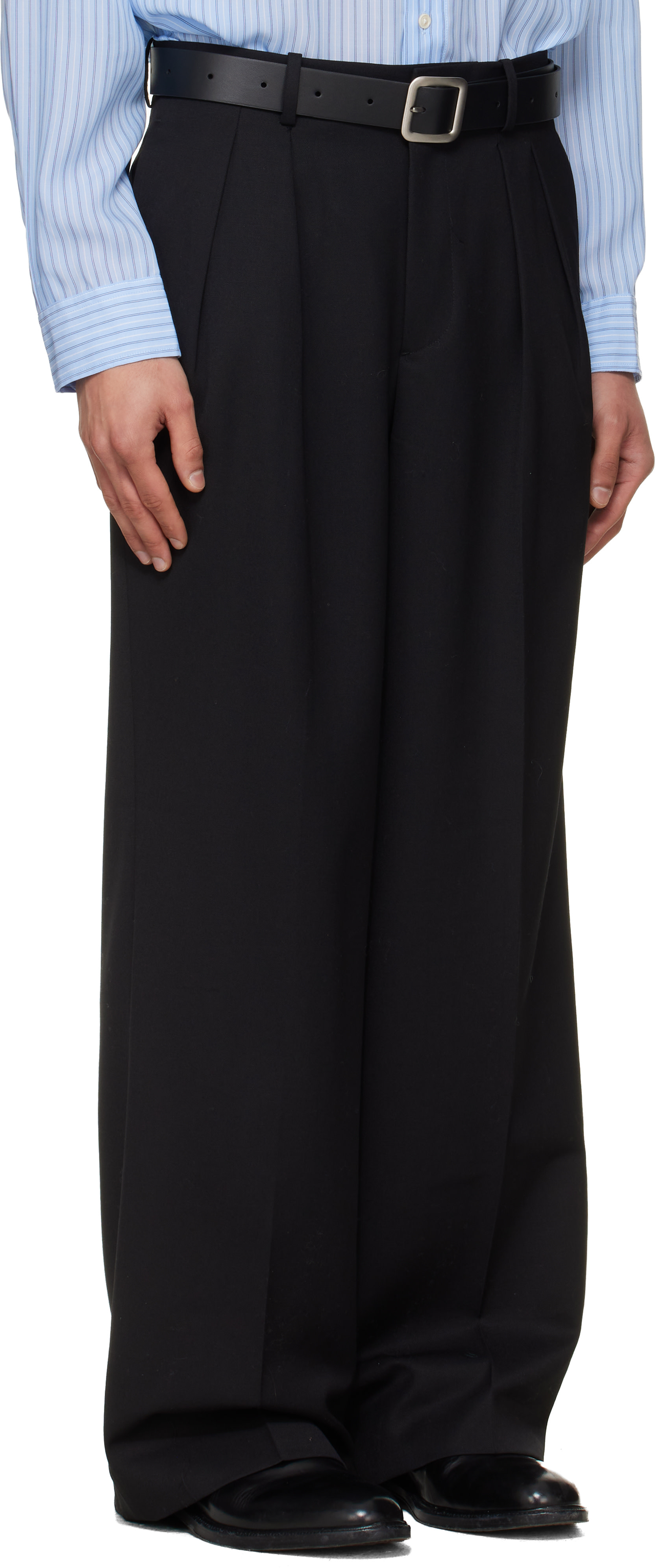 TONYWACK: Black Wool Double-Pleated Wide Trousers | SSENSE Italy