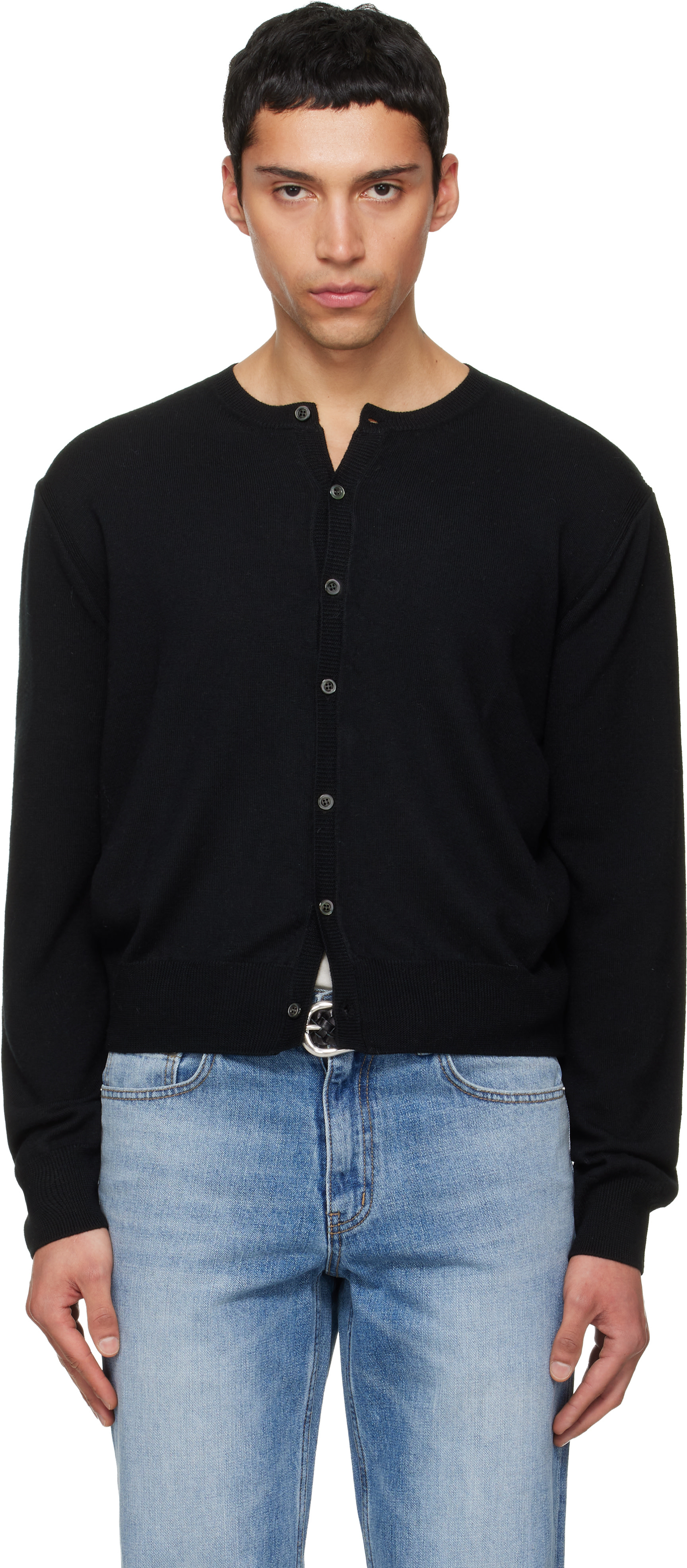 TONYWACK: Black Super Fine Wool Crew-Neck Cardigan | SSENSE