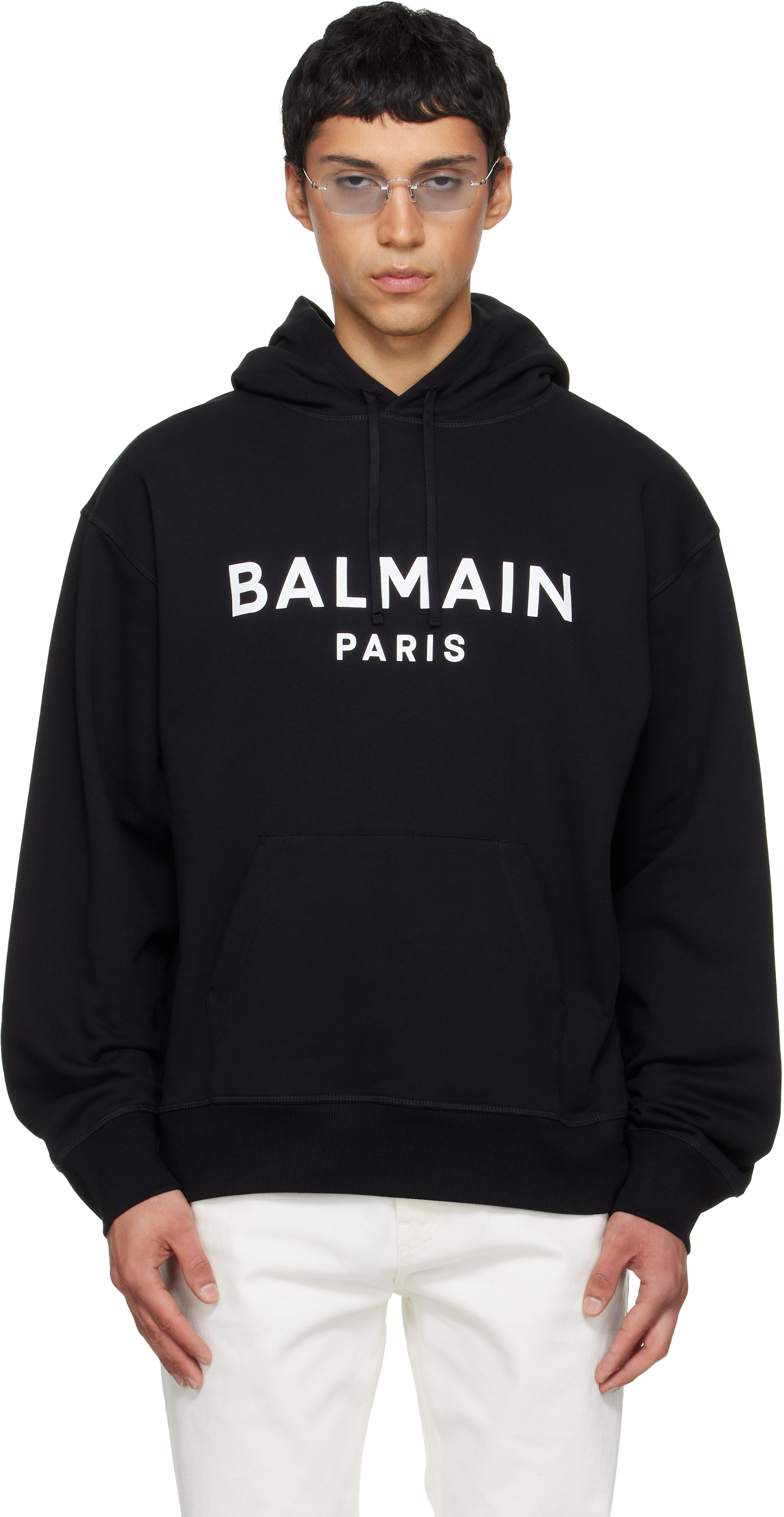 Balmain - Pull à capuche noir en coton à logo imprimé
