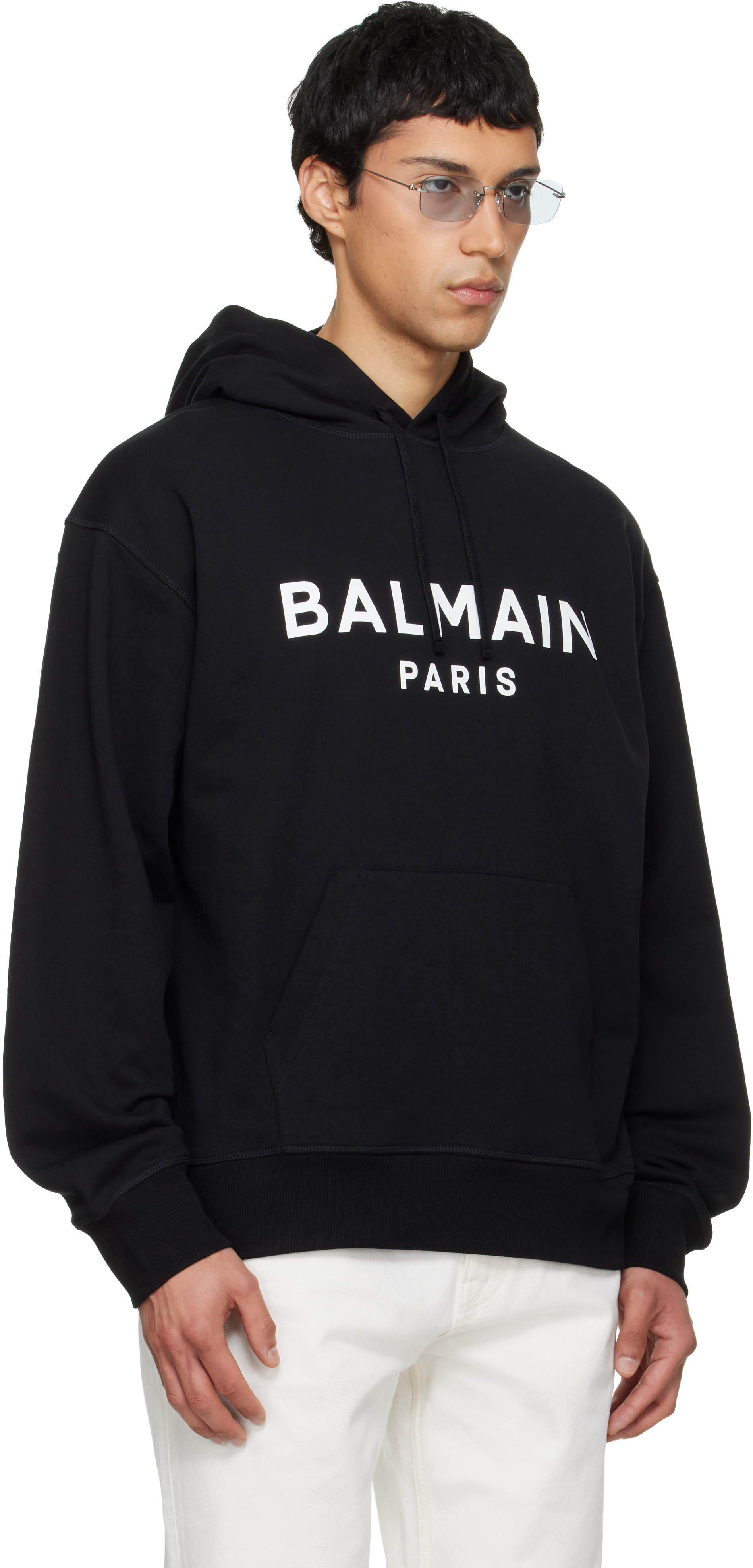 Balmain - Pull à capuche noir en coton à logo imprimé