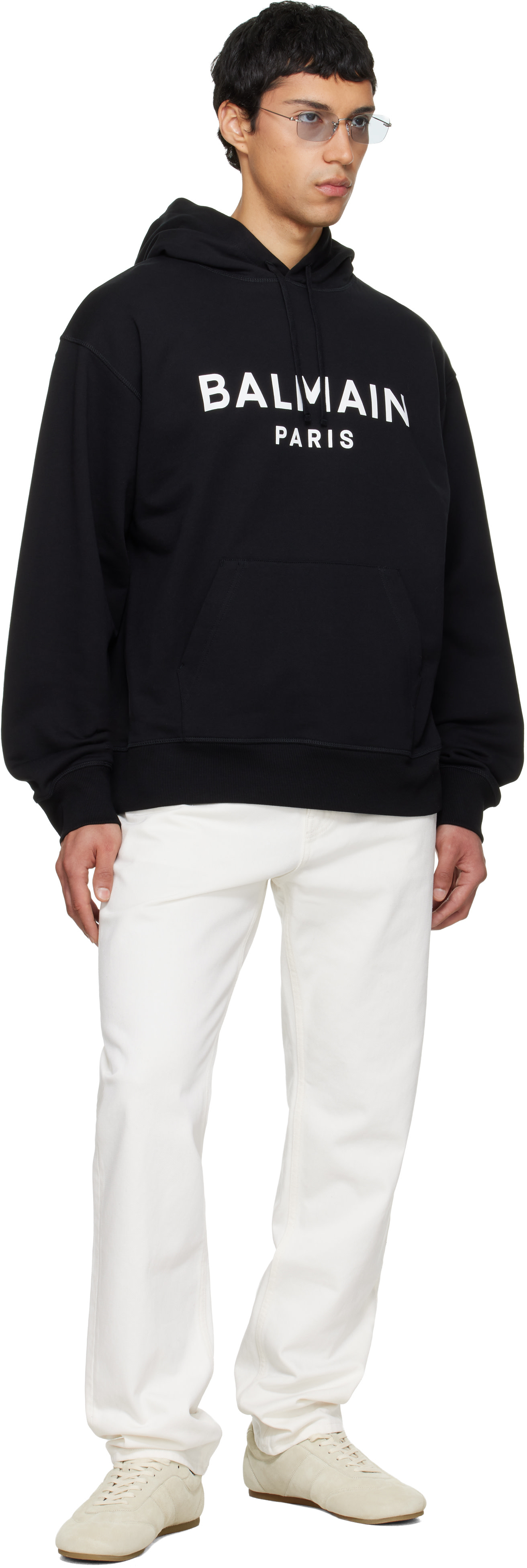 Balmain - Pull à capuche noir en coton à logo imprimé