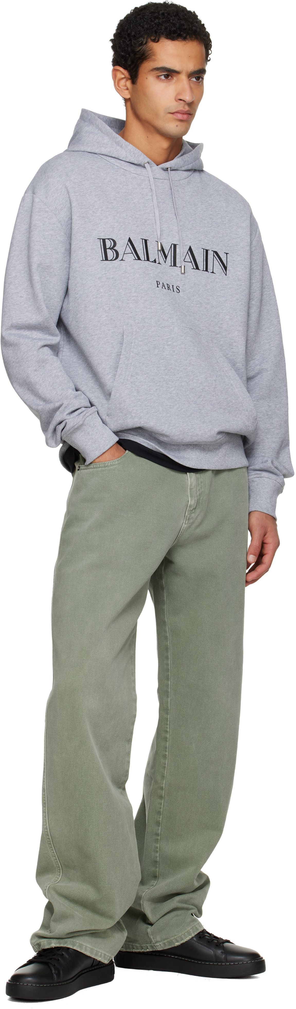 Balmain - Pull à capuche gris à logo imprimé