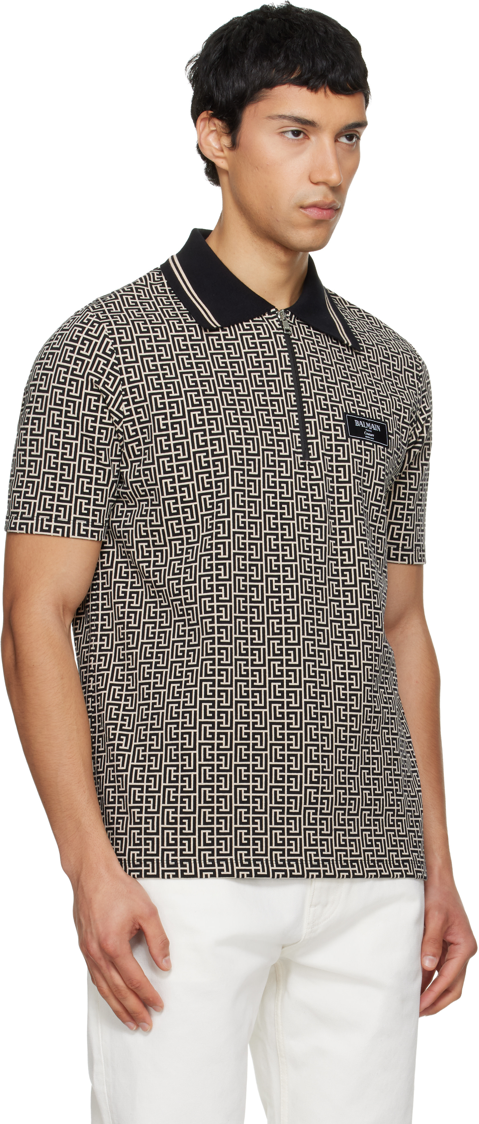 BALMAIN: Black & Beige Monogram Polo | SSENSE