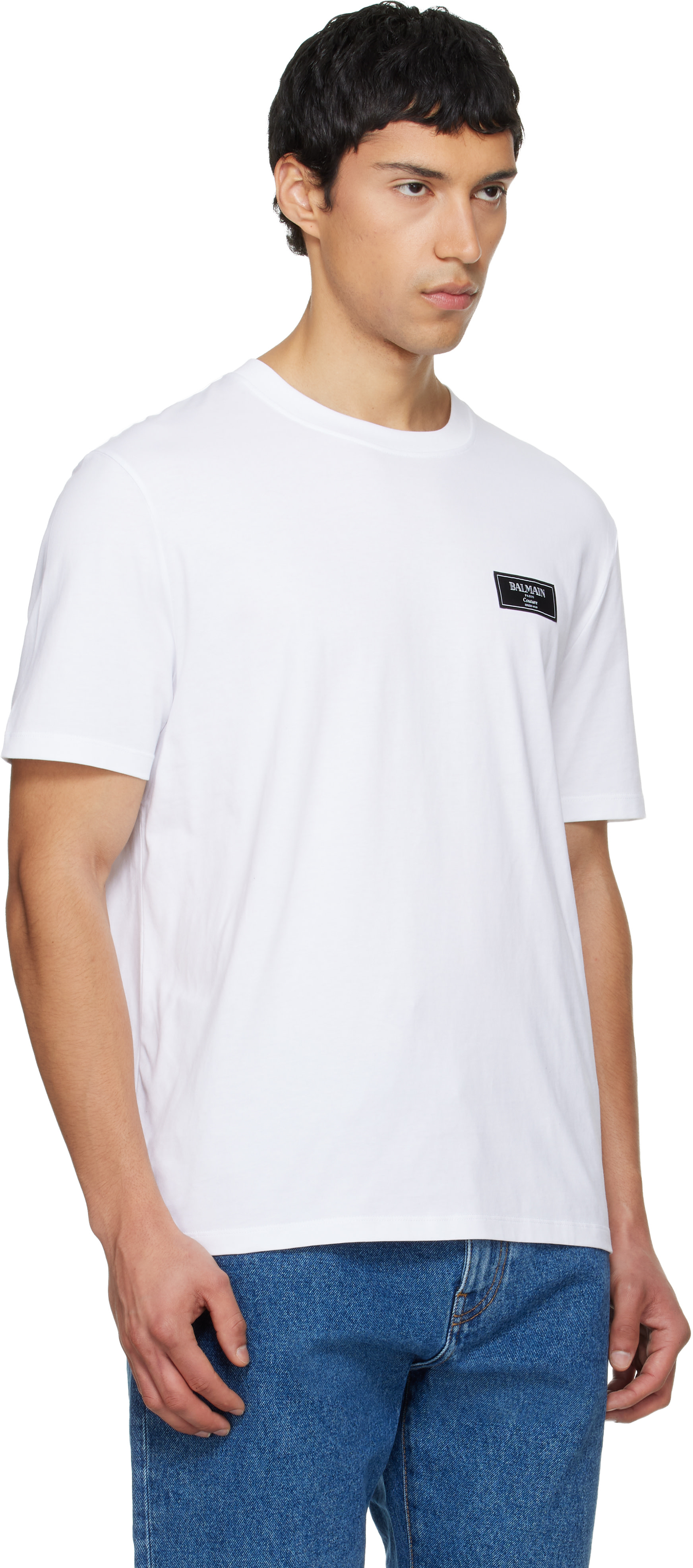 BALMAIN: White Couture Label T-shirt | SSENSE