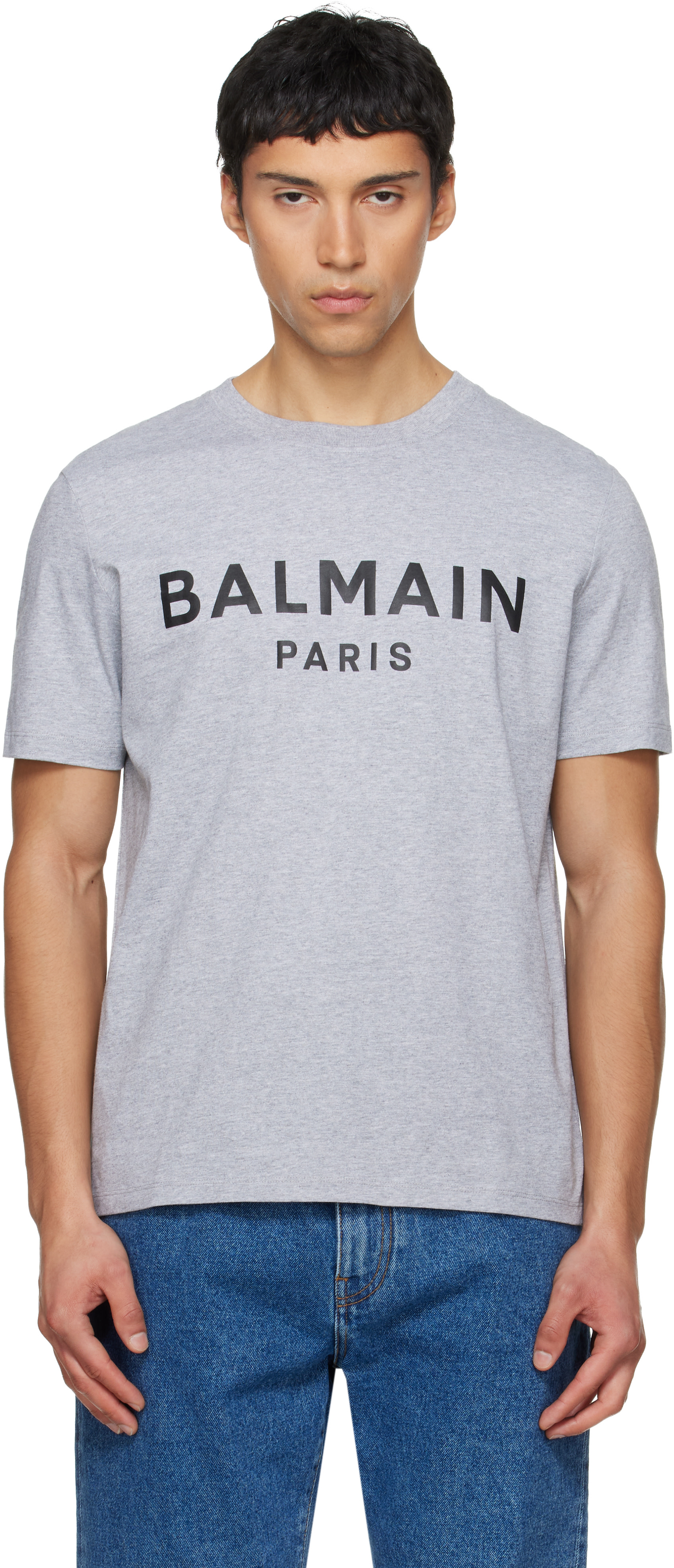 Balmain - 그레이 프린트 코튼 티셔츠