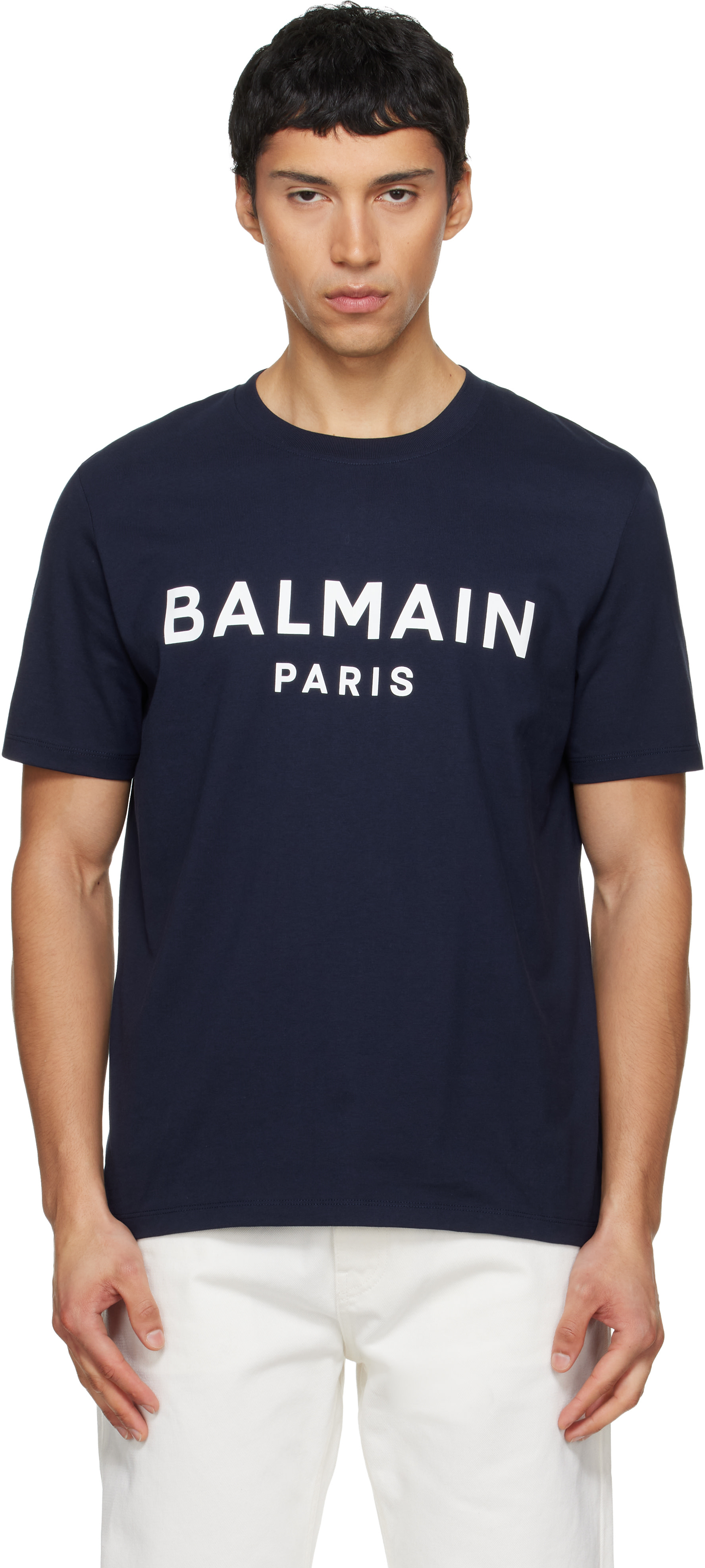 Balmain: ネイビー 'Balmain Paris' プリントTシャツ | SSENSE 日本