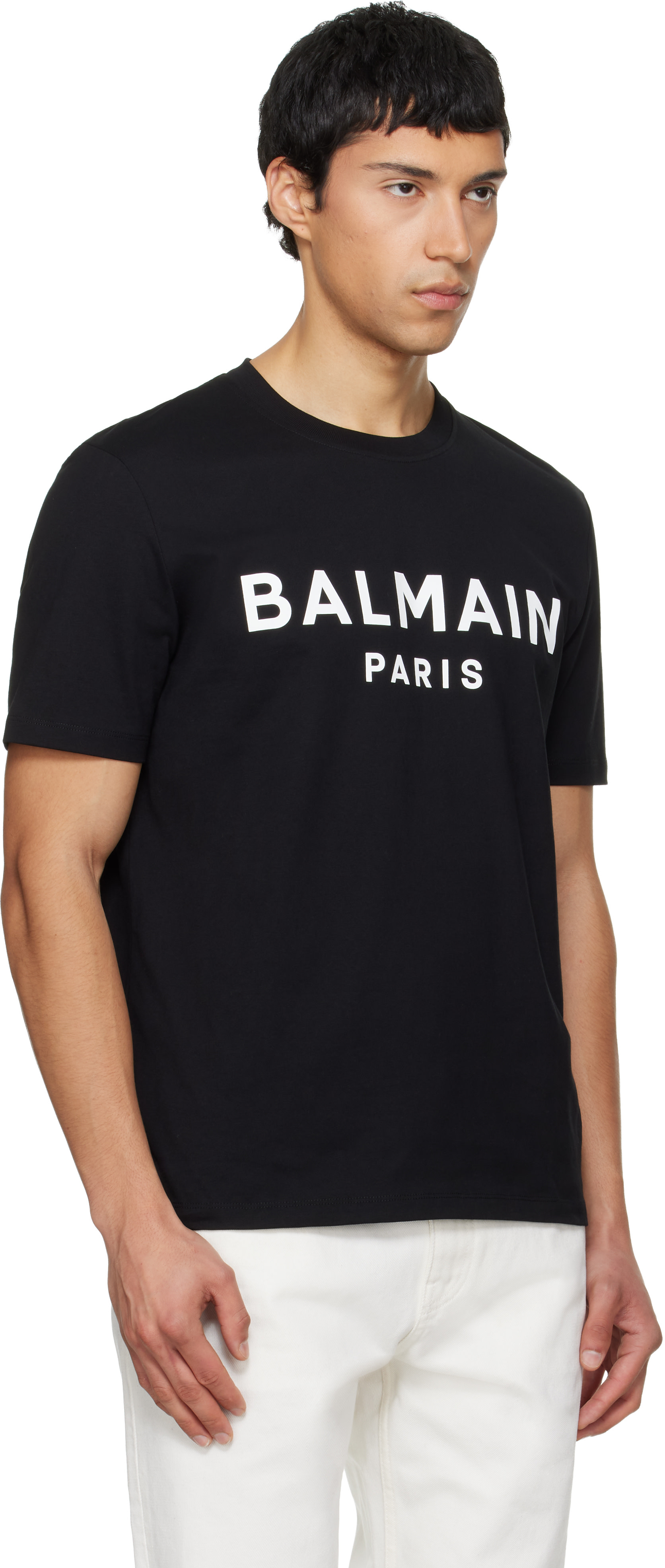 BALMAIN: Black 'Balmain Paris' Print T-shirt | SSENSE