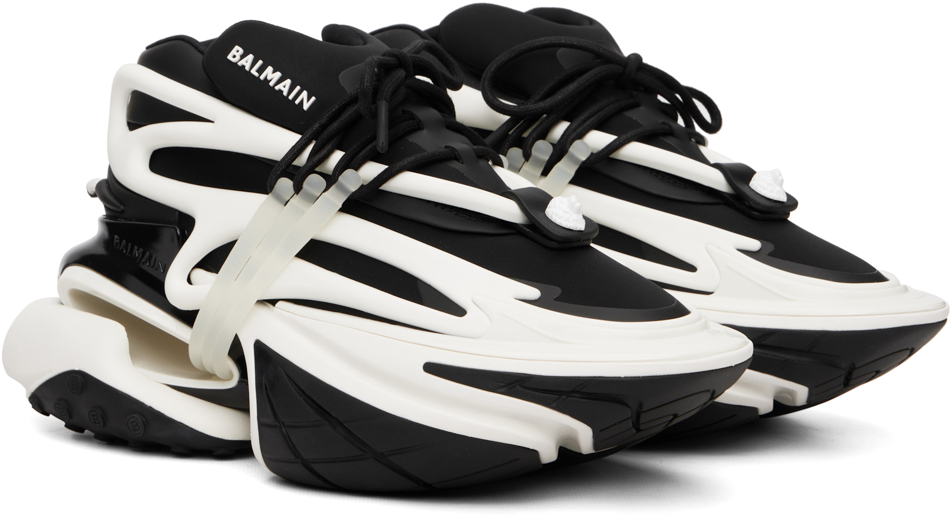 BALMAIN: Black & White Leather Unicorn Low-Top Sneakers | SSENSE