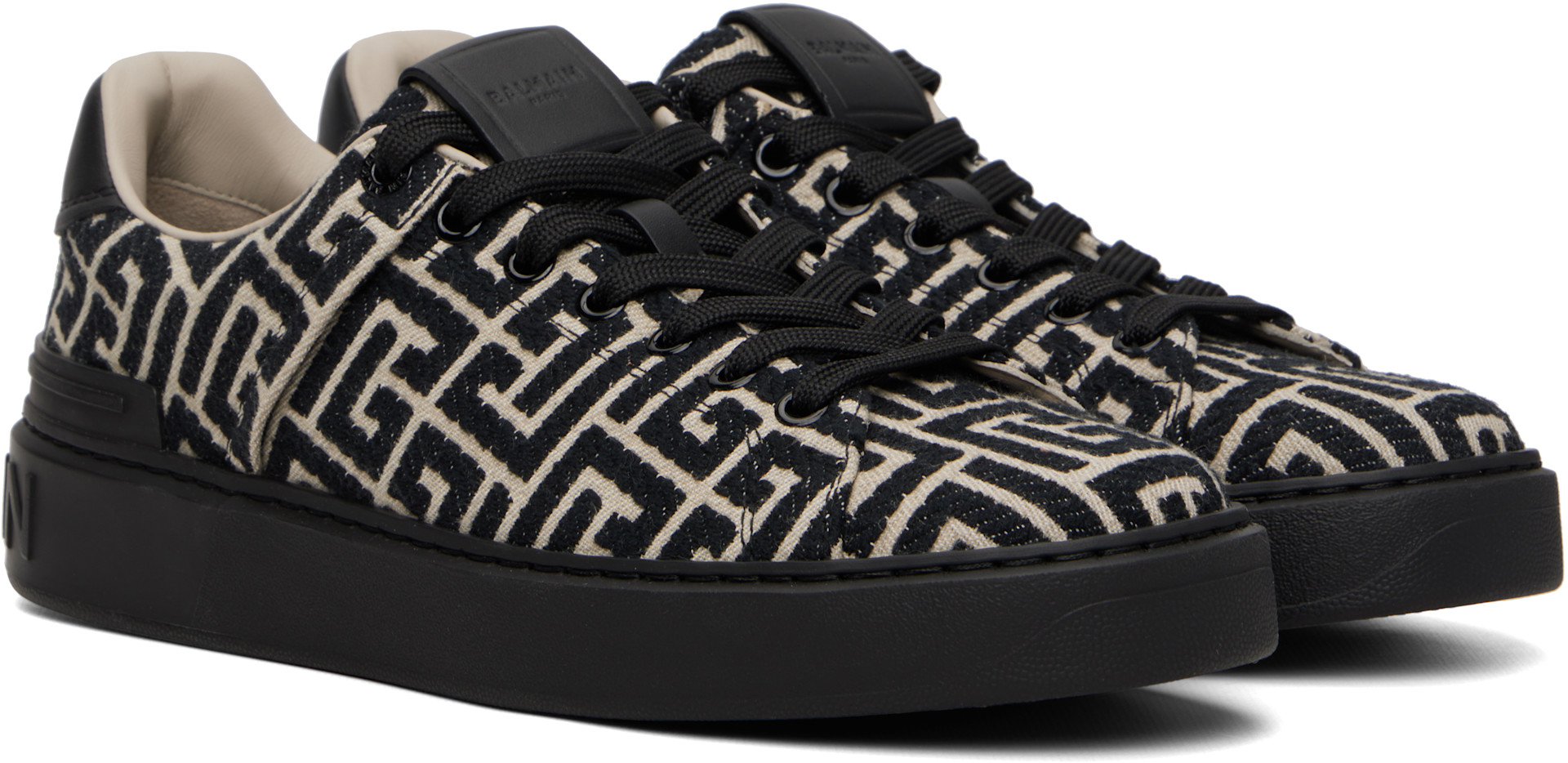 BALMAIN - Black & Beige Monogram Jacquard B-Court Sneakers