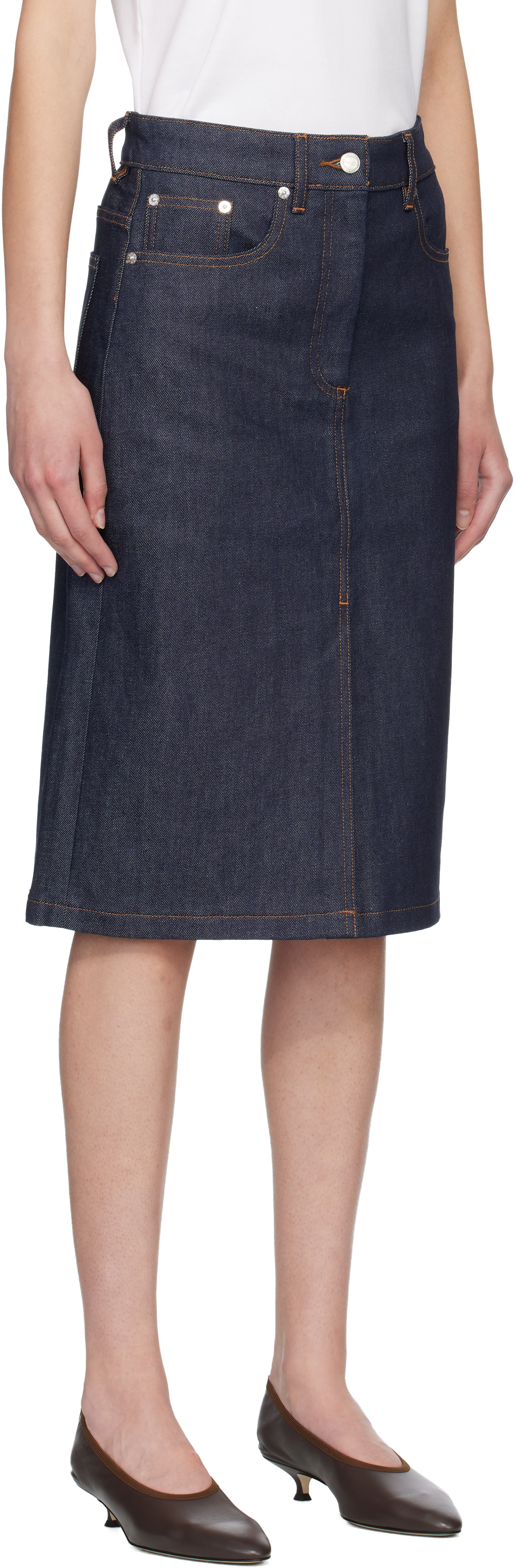 A.P.C.: Navy Lizzie Denim Midi Skirt | SSENSE