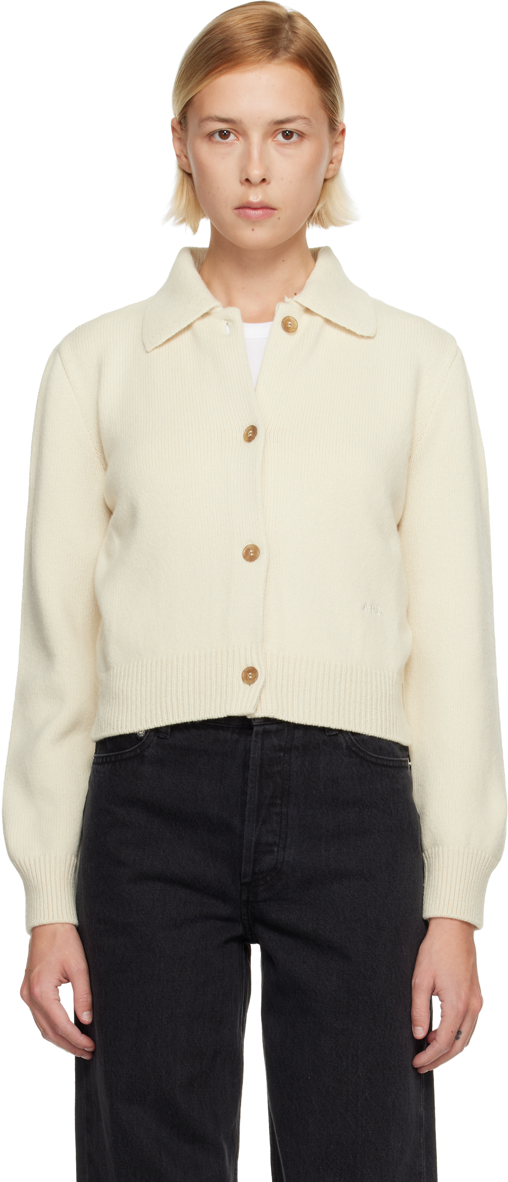 トップス coor Top Fill Wool Collar Cardigan A.P.C.: White Polo Shirt Collar Cardigan | SSENSE