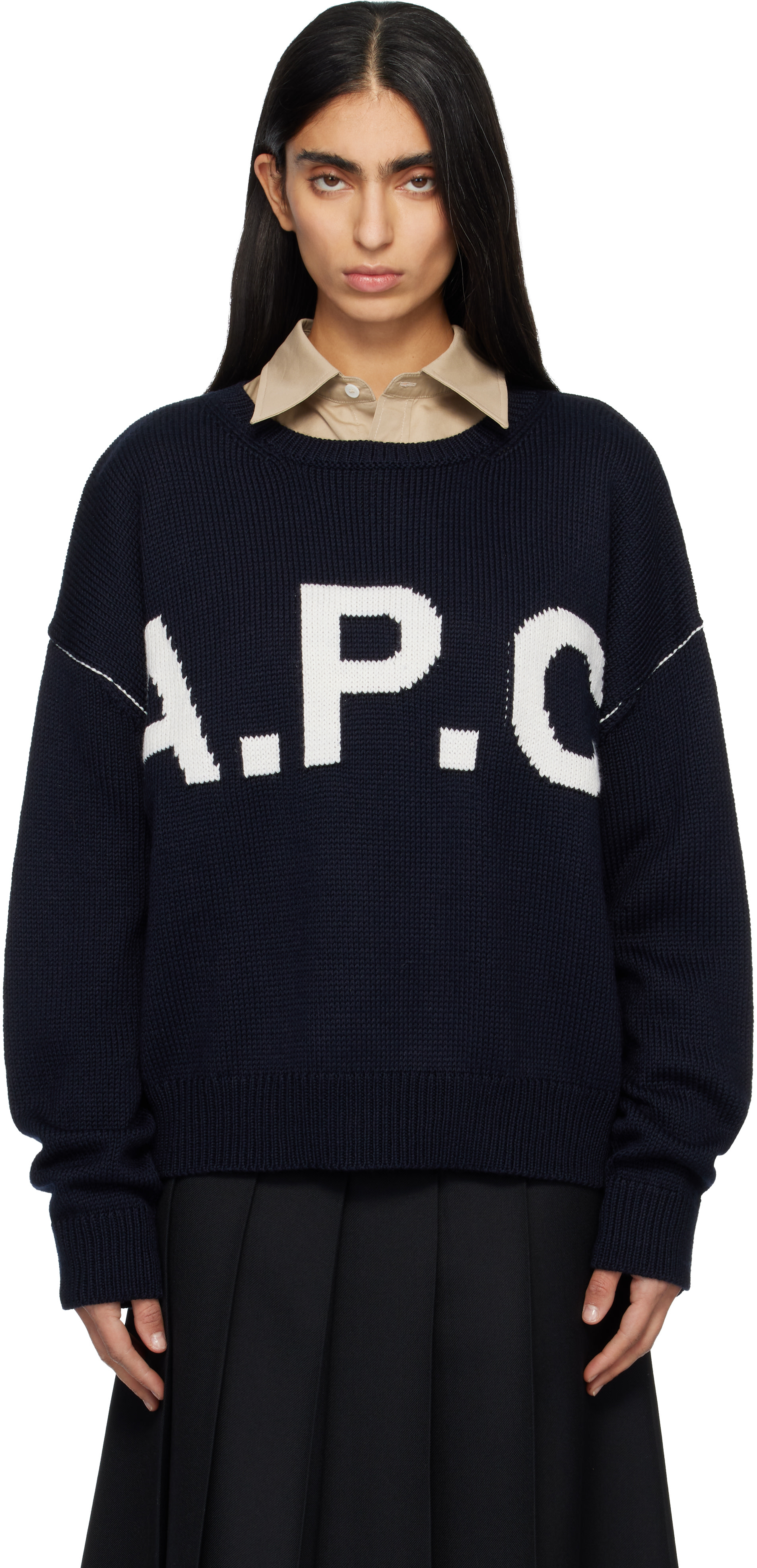 A.P.C. - Pull bleu marine à logo