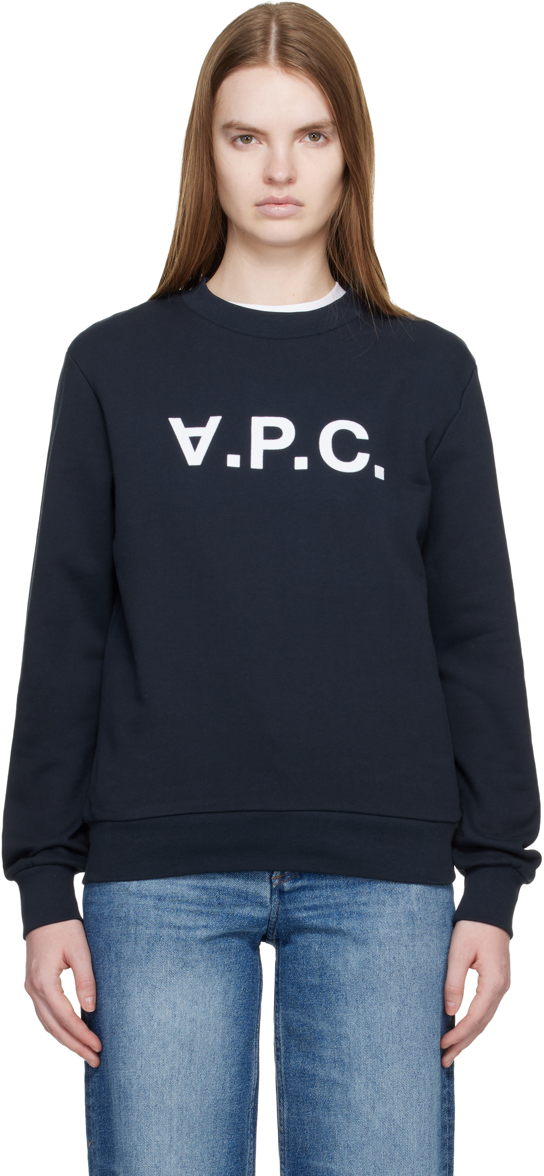 A.P.C. - Pull molletonné bleu marine à grand logo V.P.C.
