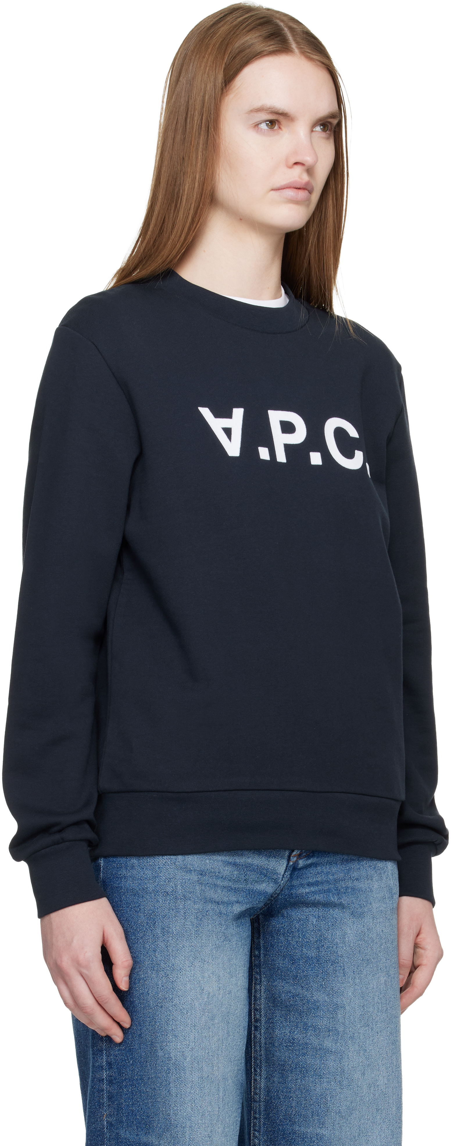 A.P.C. - Pull molletonné bleu marine à grand logo V.P.C.