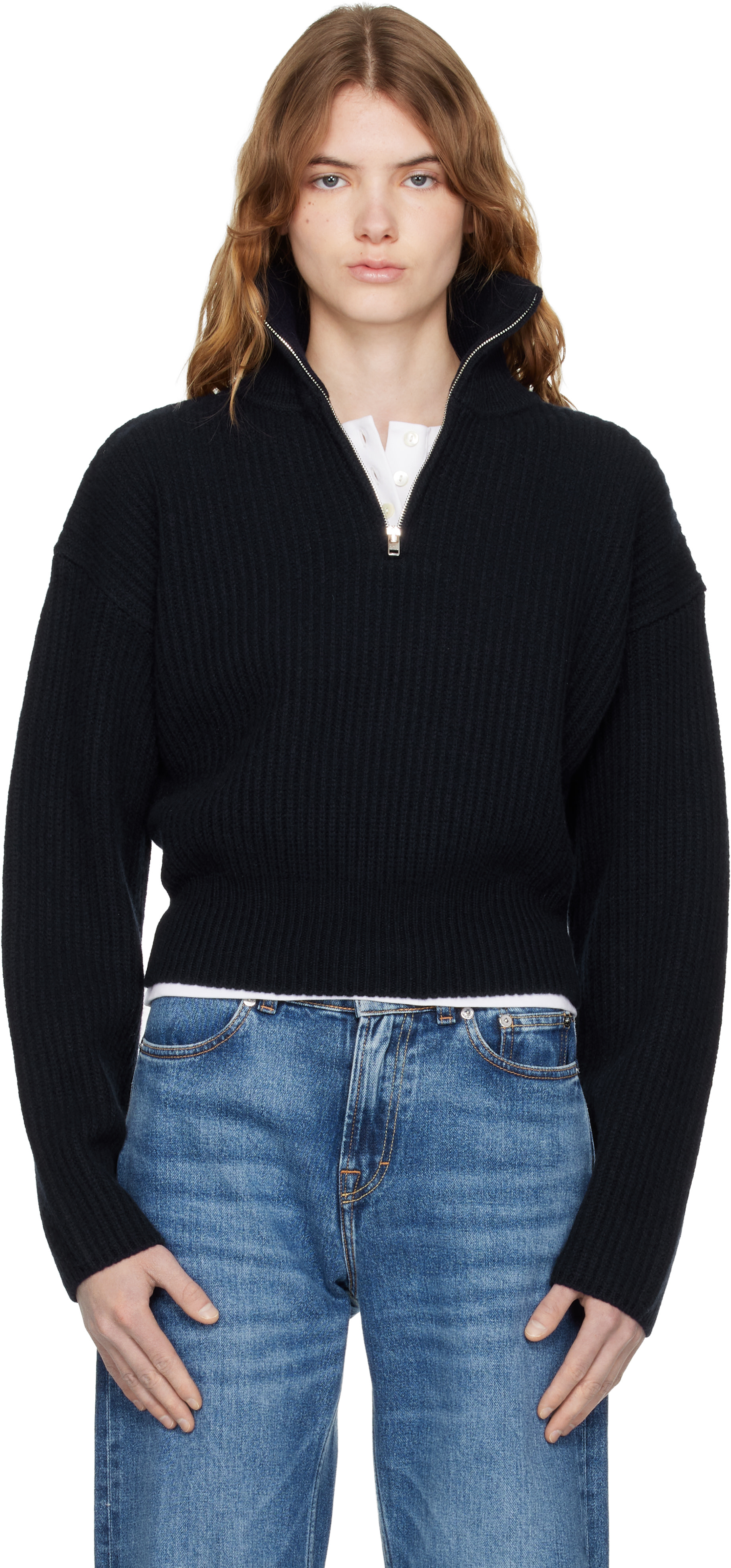 A.P.C. - Pull bleu marine en tricot côtelé