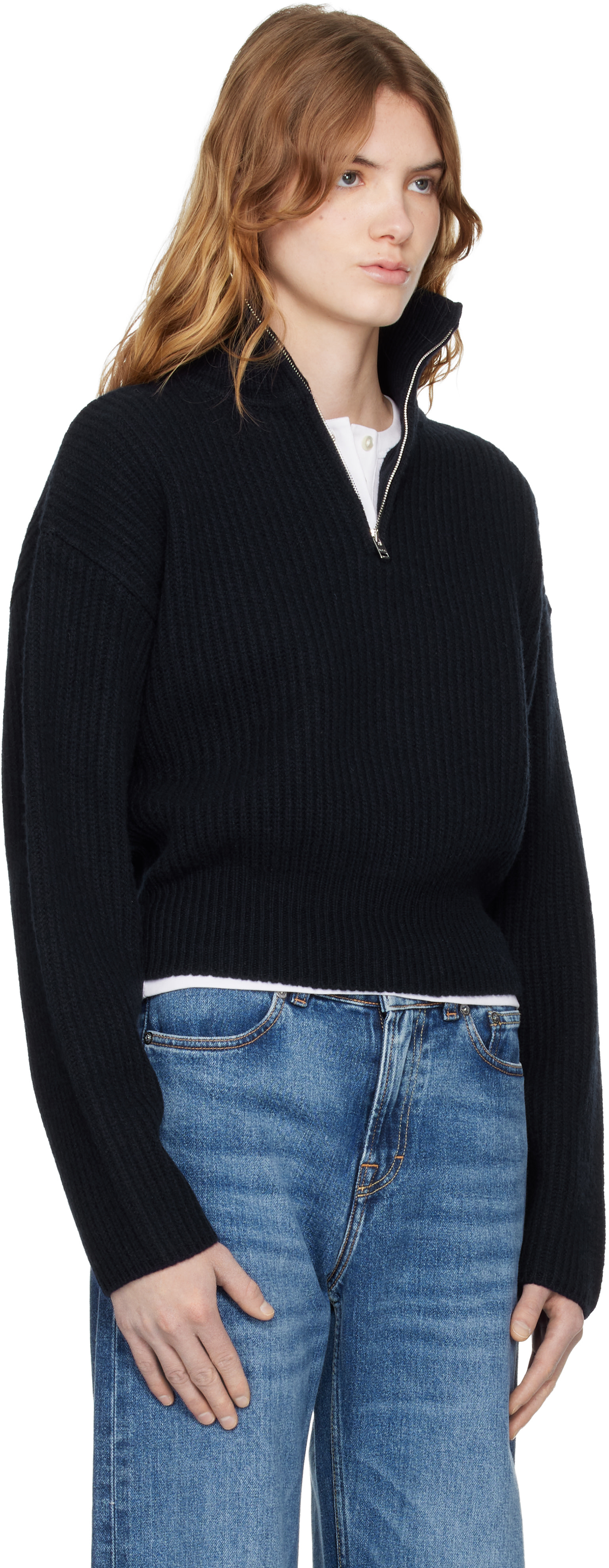 A.P.C. - Pull bleu marine en tricot côtelé