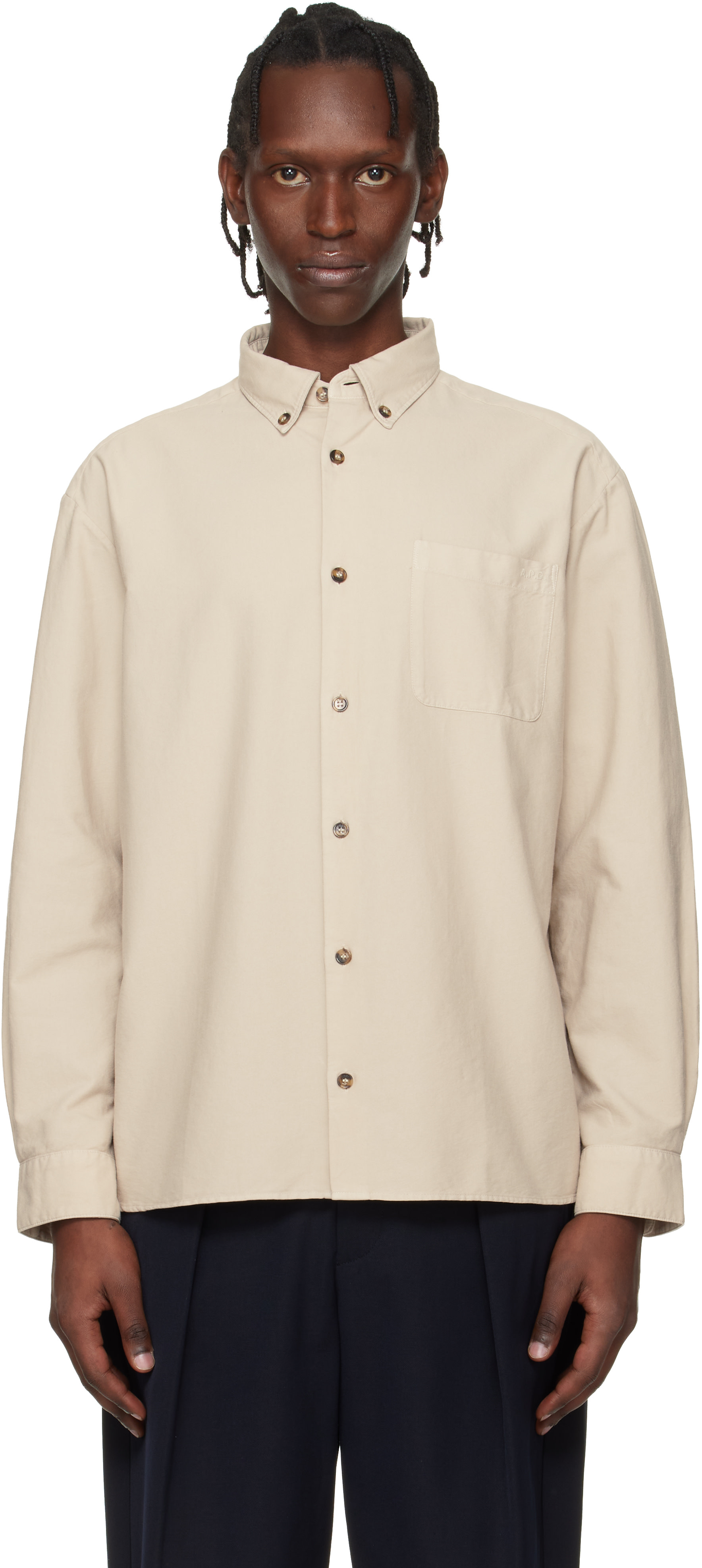 A.P.C. リネンシャツ Mサイズ ベージュ A.P.C.: ベージュ Mateo ロゴ シャツ | SSENSE 日本