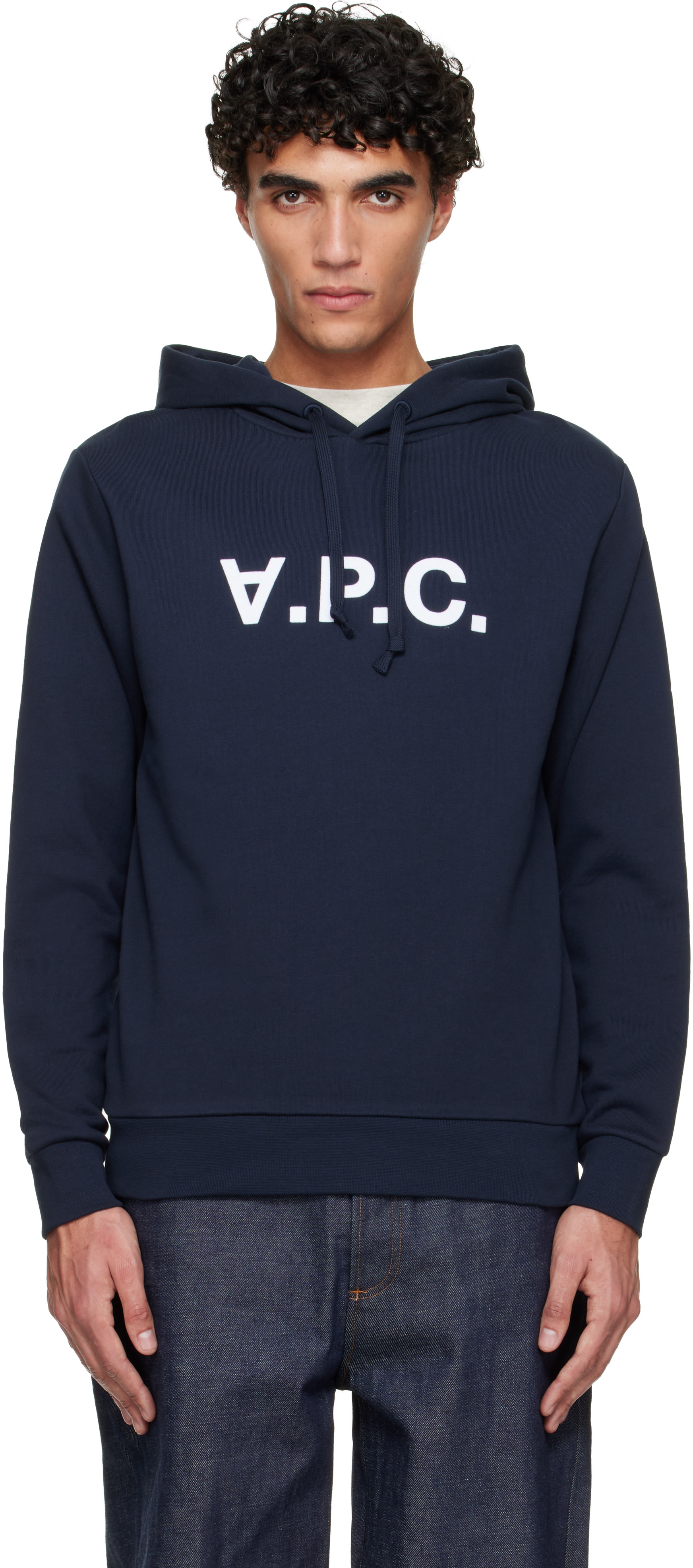 A.P.C. - Pull à capuche bleu marine à grand logo V.P.C.