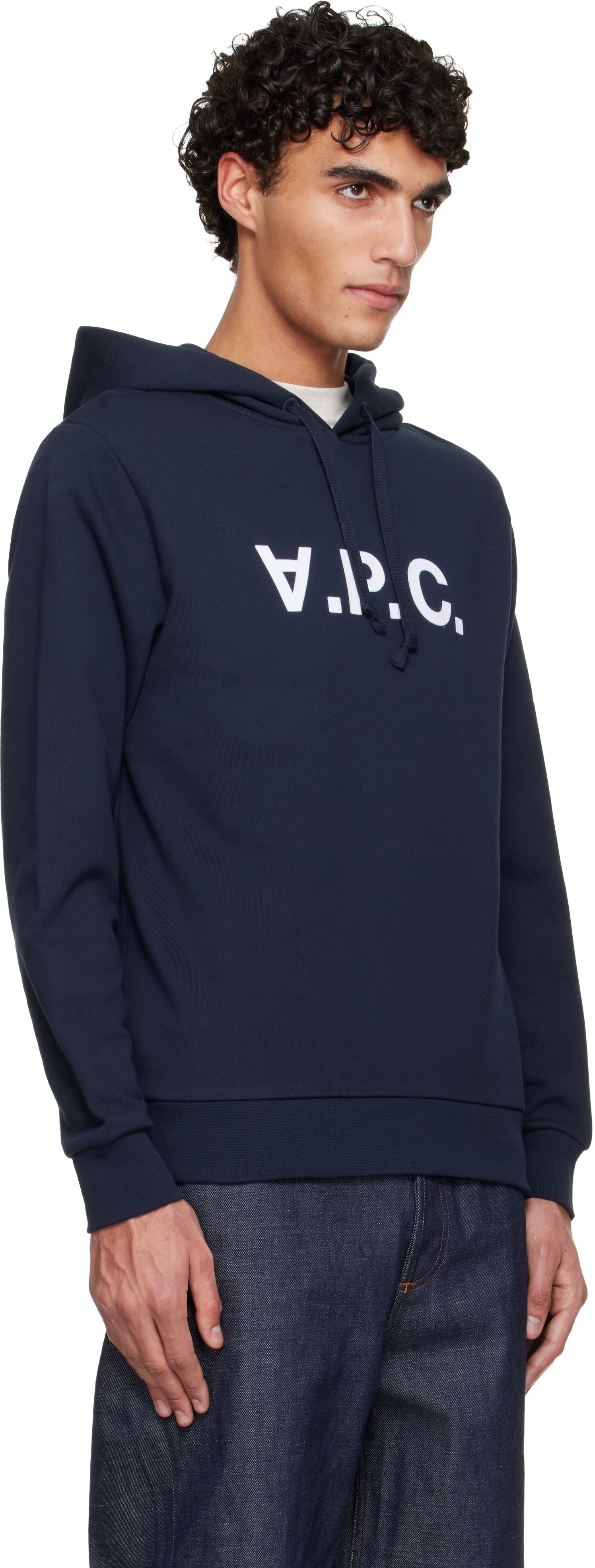 A.P.C. - Pull à capuche bleu marine à grand logo V.P.C.