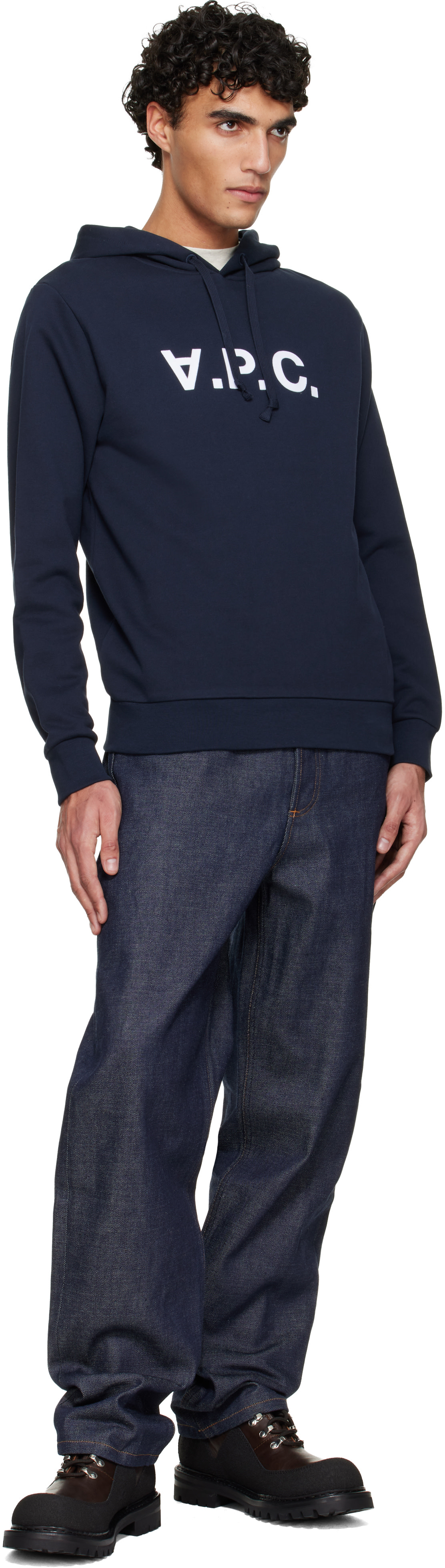 A.P.C. - Pull à capuche bleu marine à grand logo V.P.C.