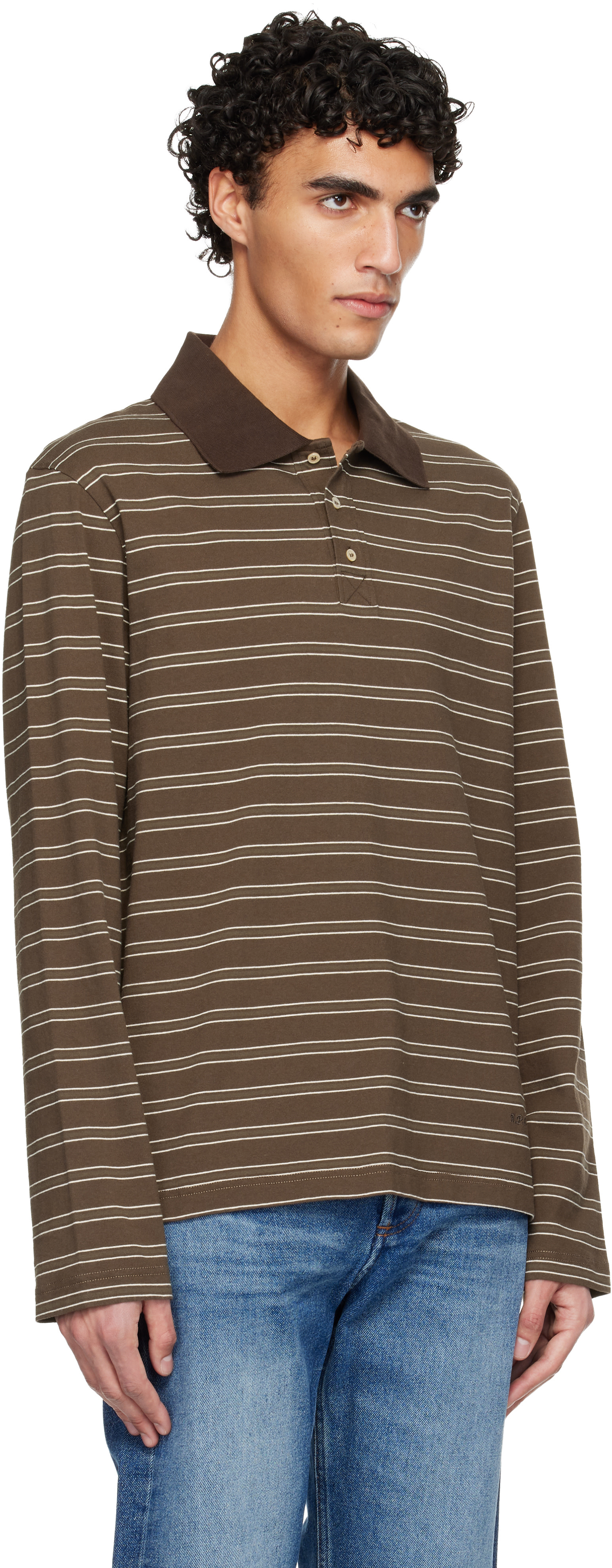 A.P.C.: ブラウン ボーダー 長袖 ポロシャツ | SSENSE 日本
