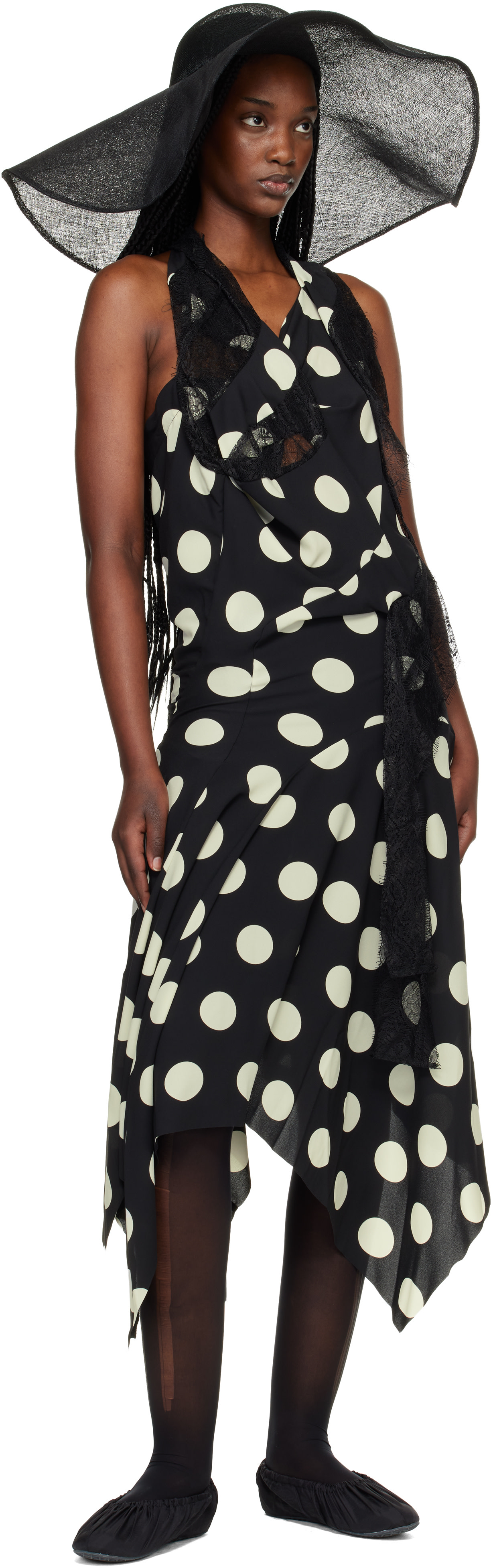【美品】JUNYA WATANABE アコーディオンプリーツ ワンピース Junya Watanabe: ブラック＆ホワイト Printed Lace Halter ミディアム
