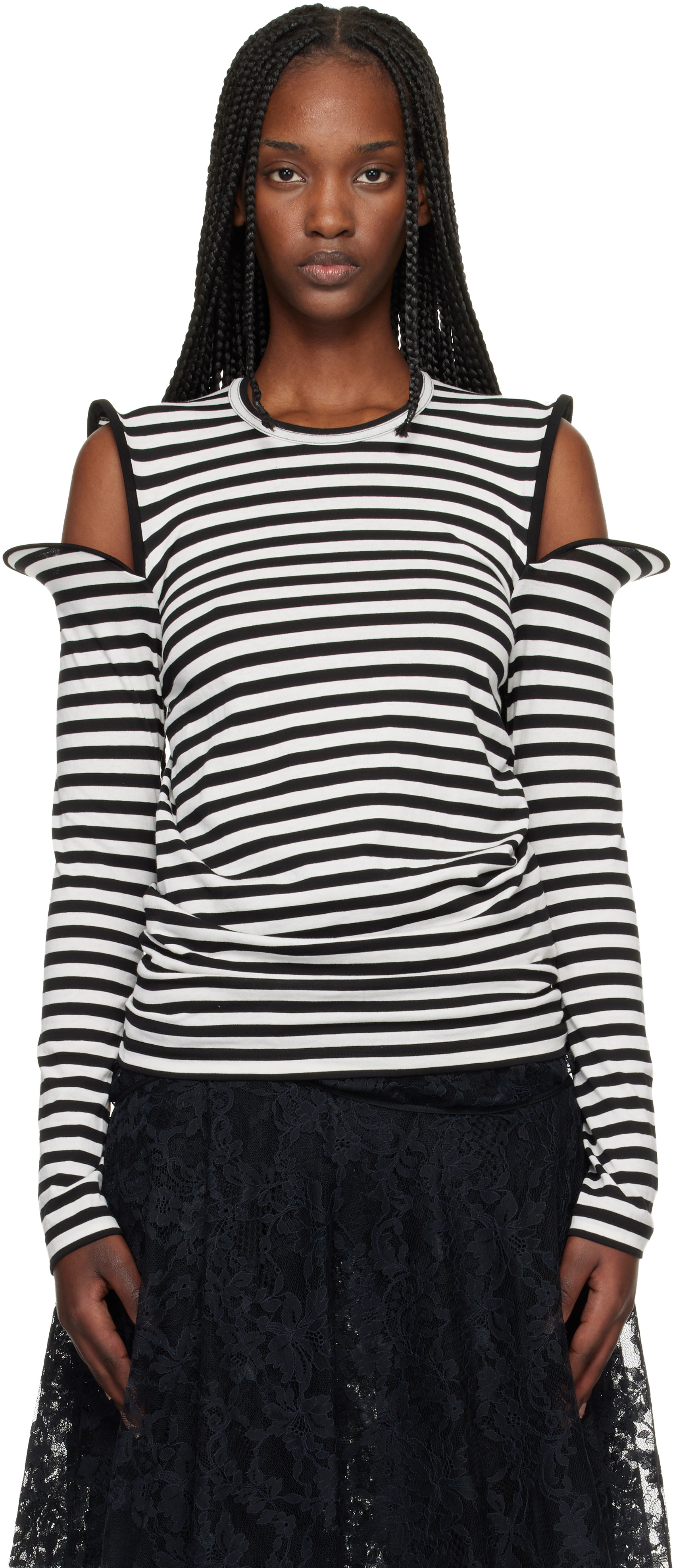 トップス Junya Watanabe Striped off-sholder T Junya Watanabe: Black & White Stripe Jersey T-shirt | SSENSE