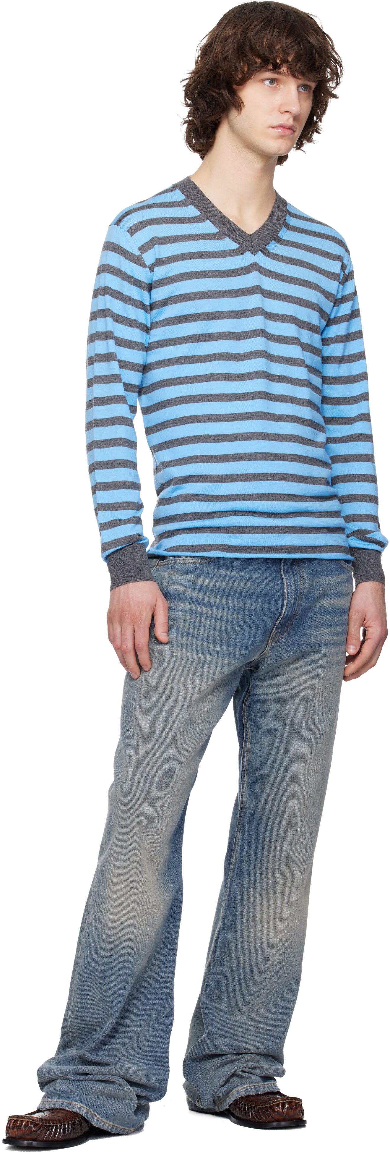 JUUN.J ジュンジー ウールニットセーター JC0X51P023 グレー S Junya Watanabe: Blue & Gray Worsted Wool Jersey Stripe Sweater