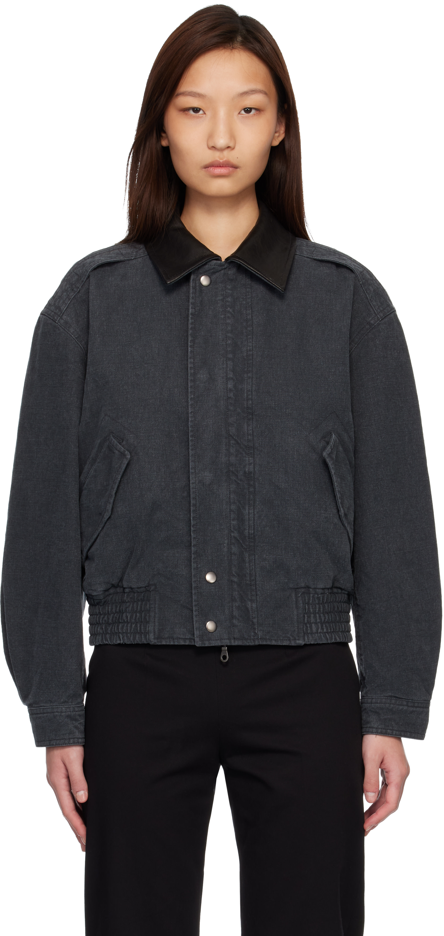 COOR: Navy Leather Collar Washed Cationized Bomber Jacket | SSENSE