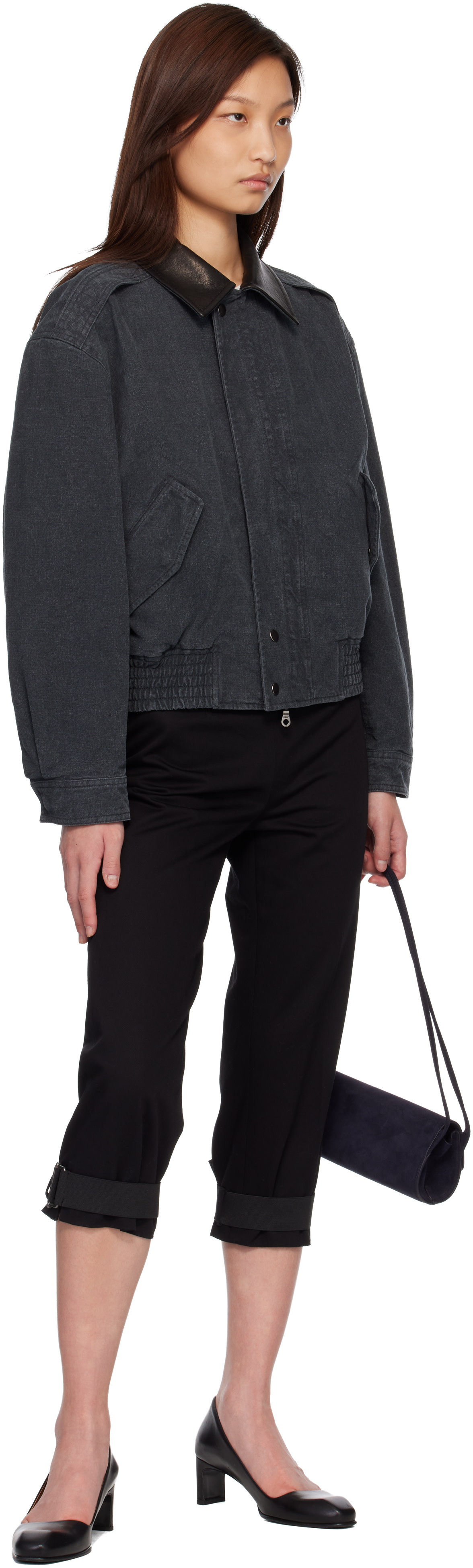 COOR: Navy Leather Collar Washed Cationized Bomber Jacket | SSENSE