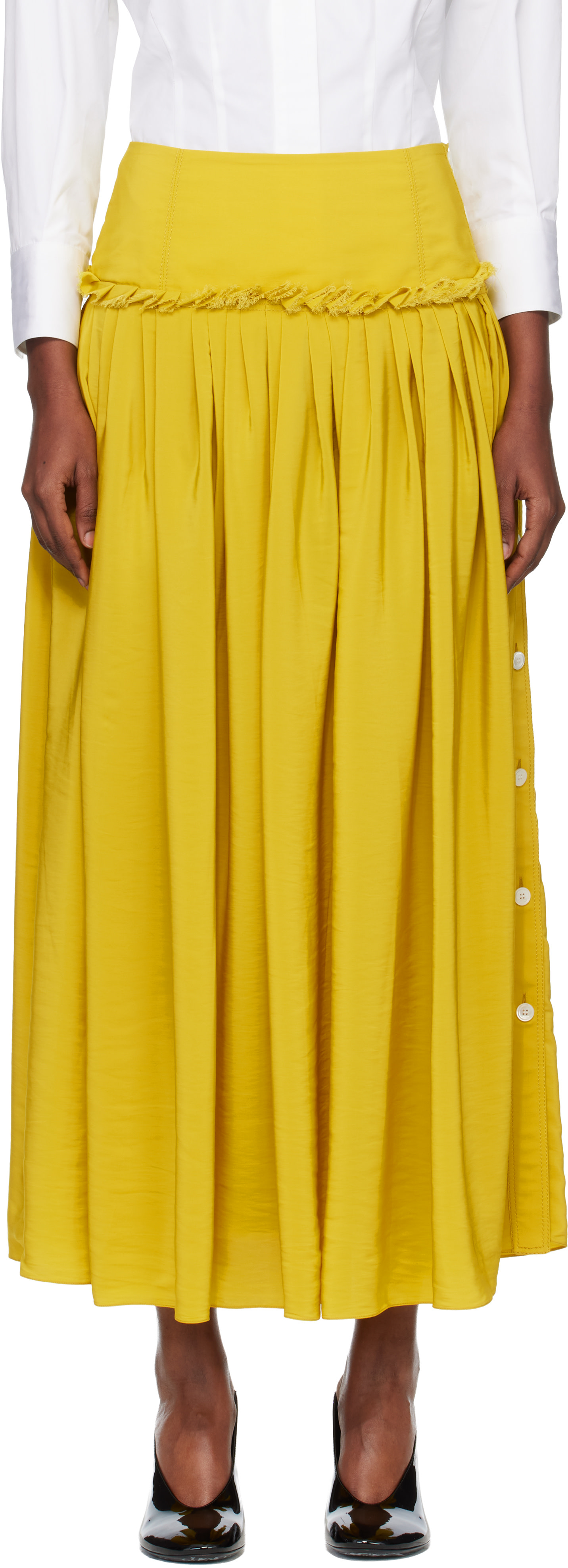 Lanvin - Jupe midi jaune en charmeuse à basque