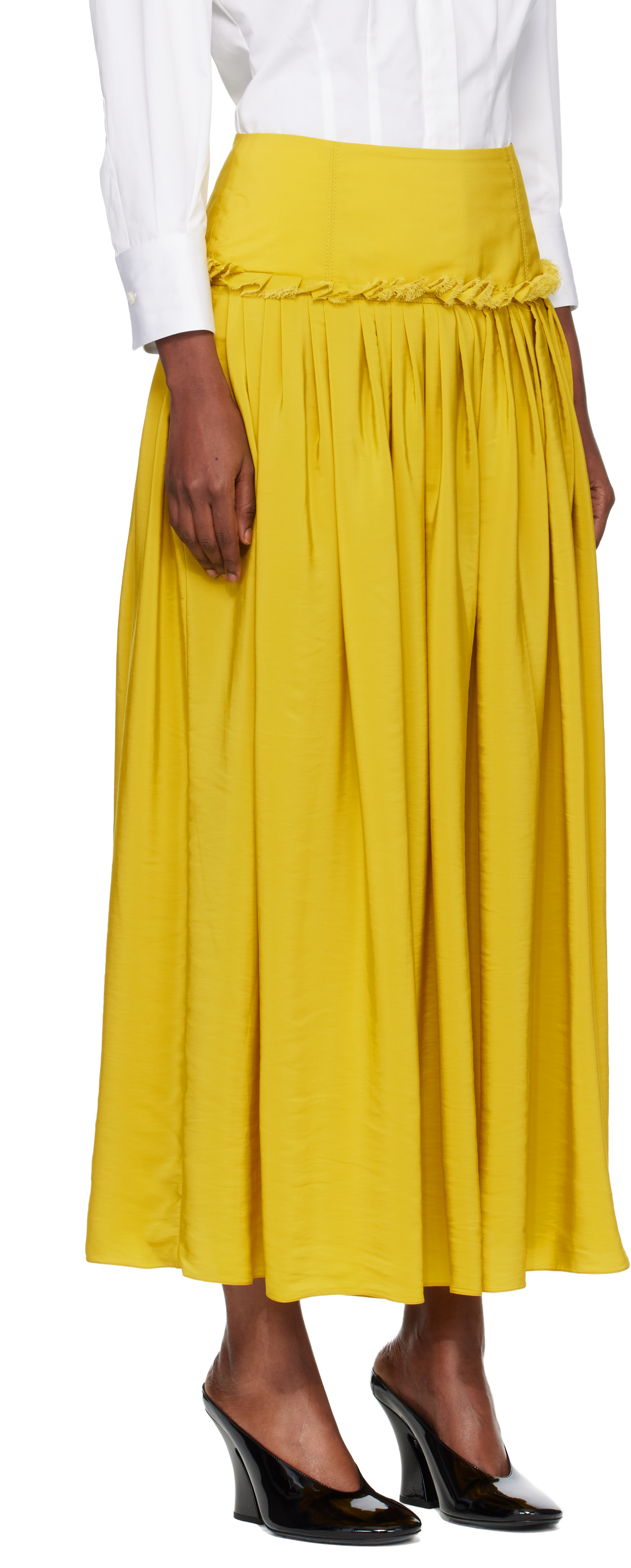 Lanvin - Jupe midi jaune en charmeuse à basque