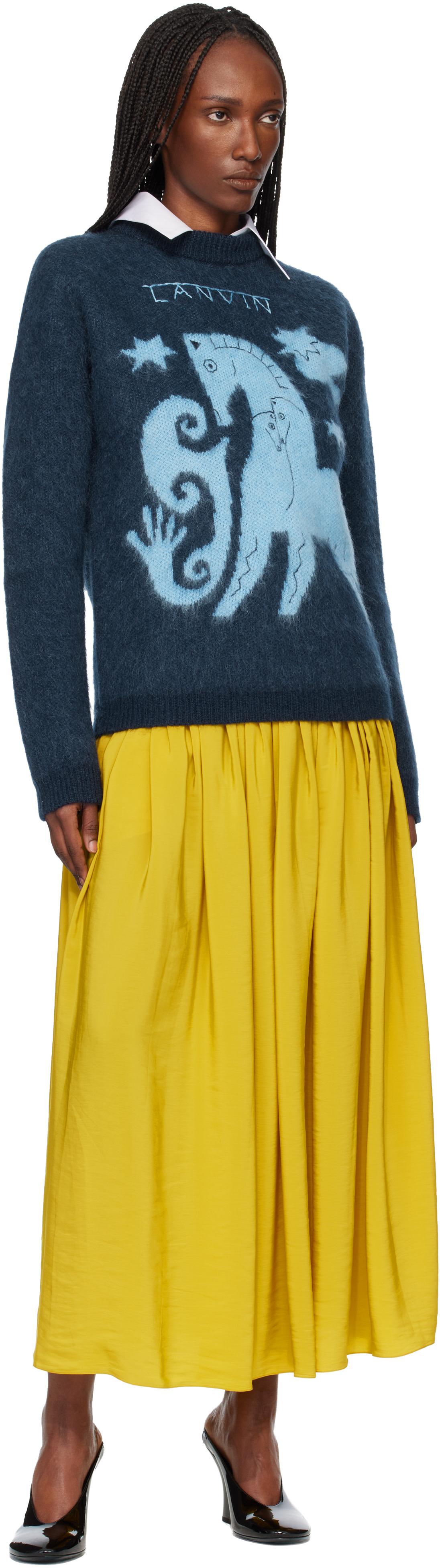 Lanvin - Jupe midi jaune en charmeuse à basque