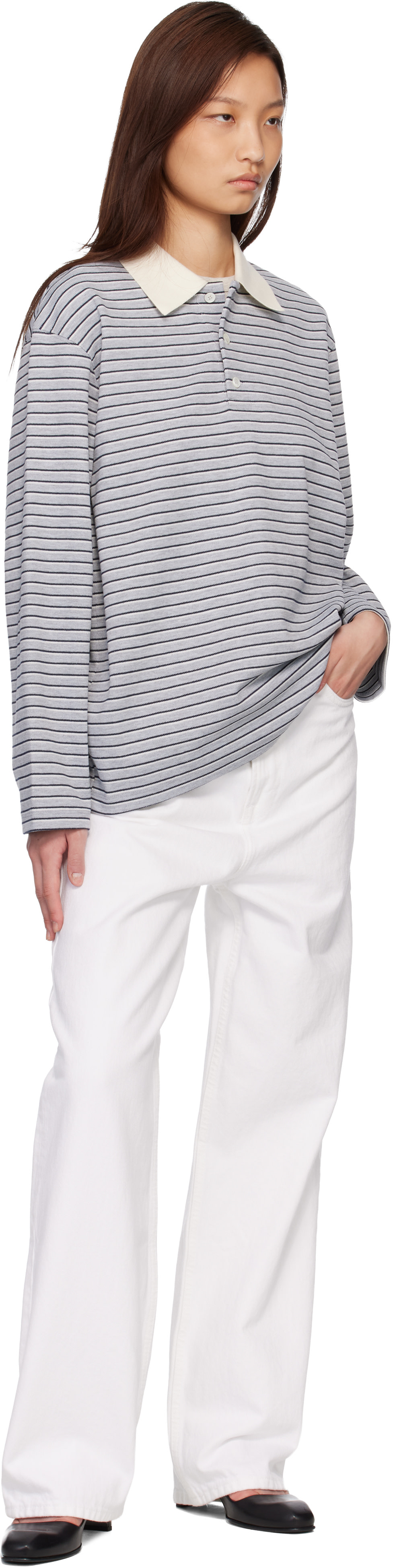coor ポロシャツ グレー コットン100% Lサイズ COOR: グレー Multi-Stripe ピケ ポロシャツ | SSENSE 日本