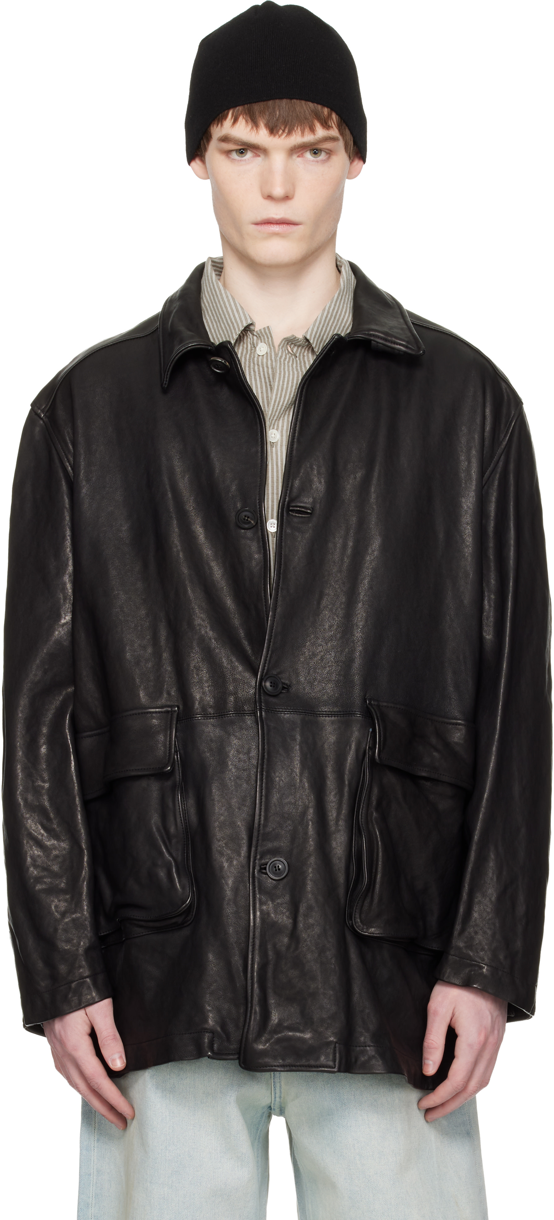 COOR: Black Washed Lambskin Leather Car Coat | SSENSE